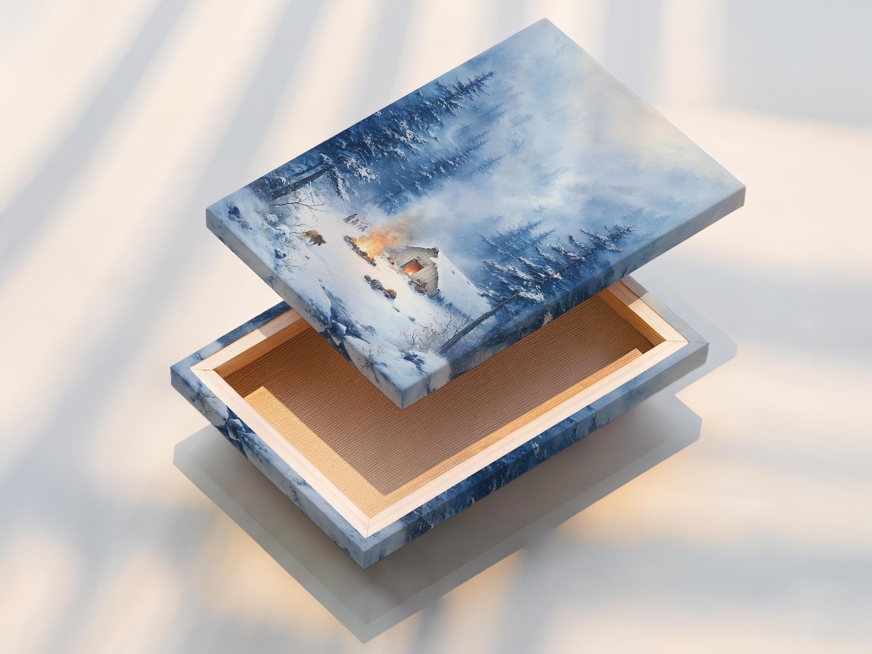 Snowy winter forest scene with a cabin and warm firelight among tall trees detail view