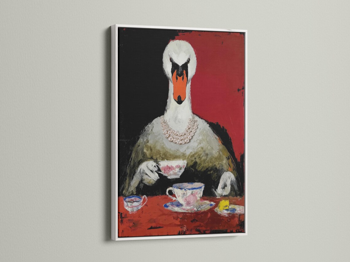 Stylised swan portrait in red and black with a pearl-like necklace detail view