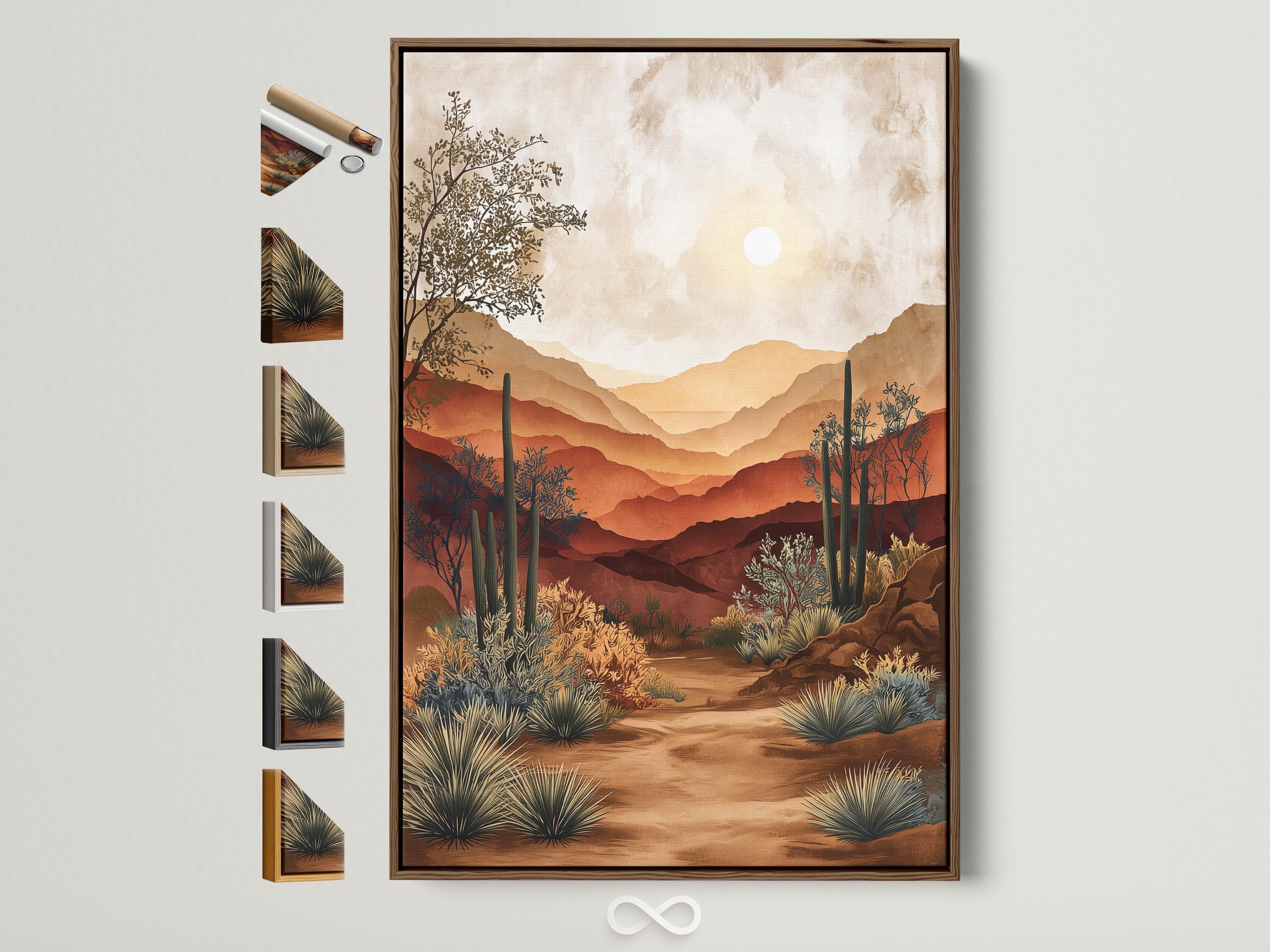 Warm desert landscape artwork with layered mountains, pale sun, and cactus-like plants detail view