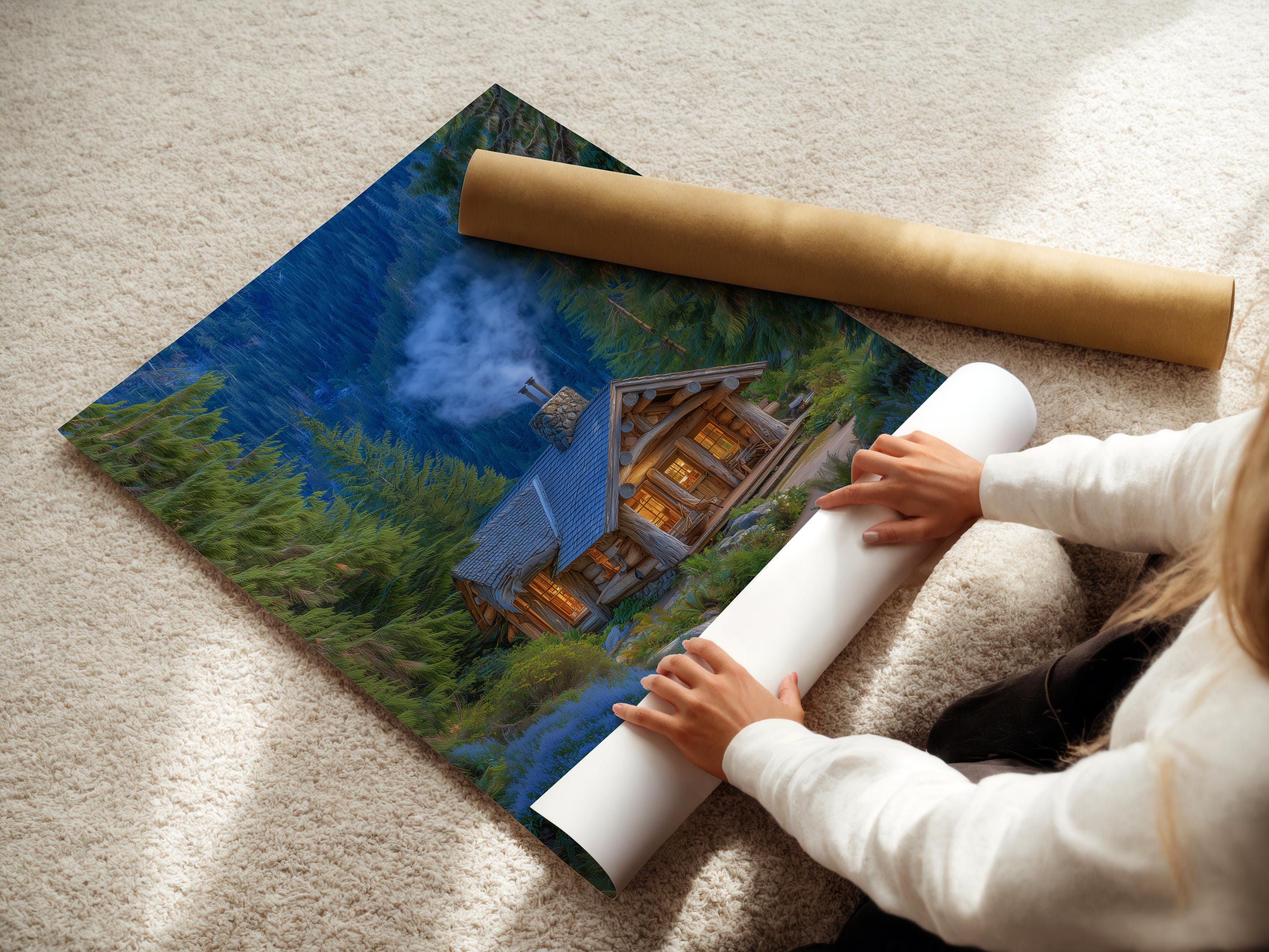 Forest cabin scene with evergreen trees, blue mist, and warm glowing windows detail view
