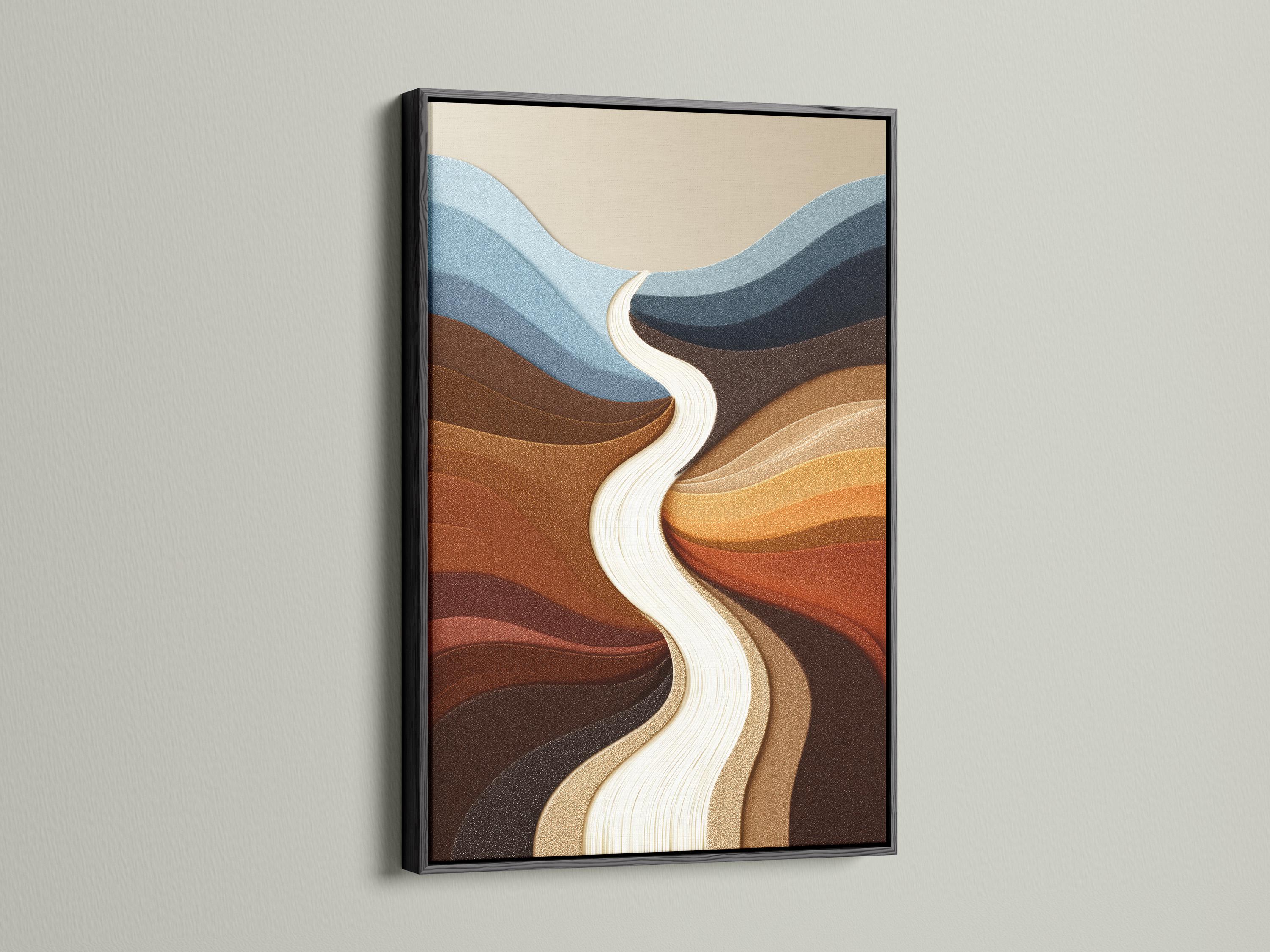 Abstract river-like flow with cream ribbon, blue-grey bands and warm brown terracotta curves detail view