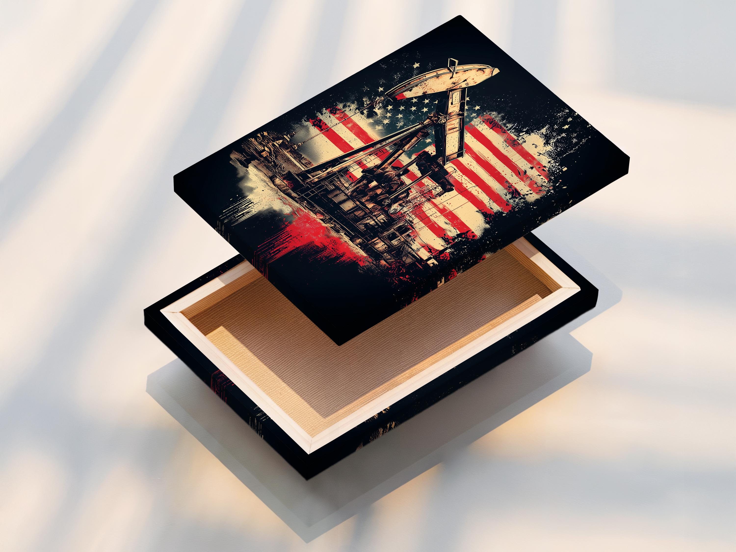 Oil rig with an American flag backdrop in red, white and blue, shown in a distressed industrial style detail view
