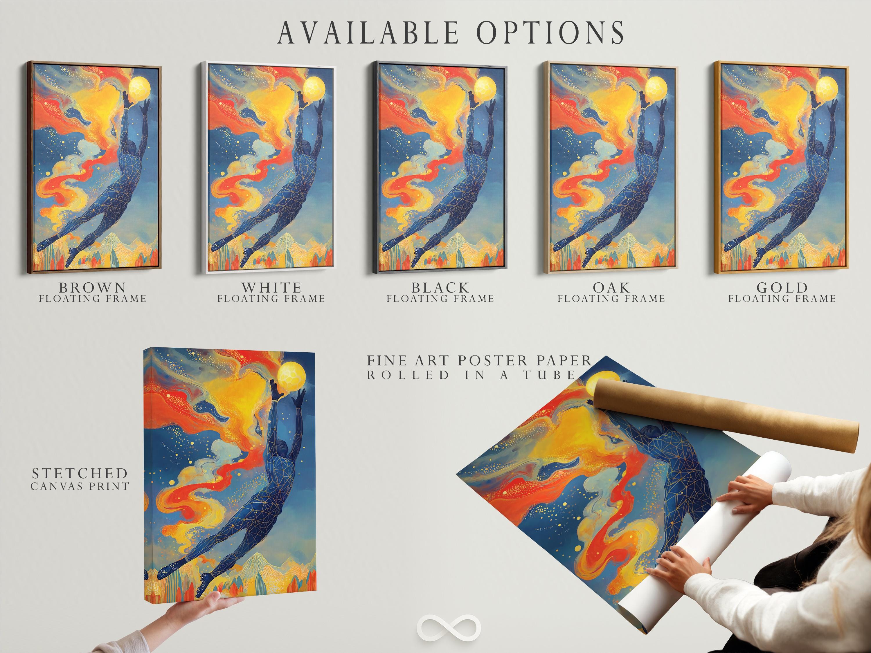 Abstract sports figure reaching upward beside a glowing yellow sun, in blue, orange and gold with speckled dots detail view