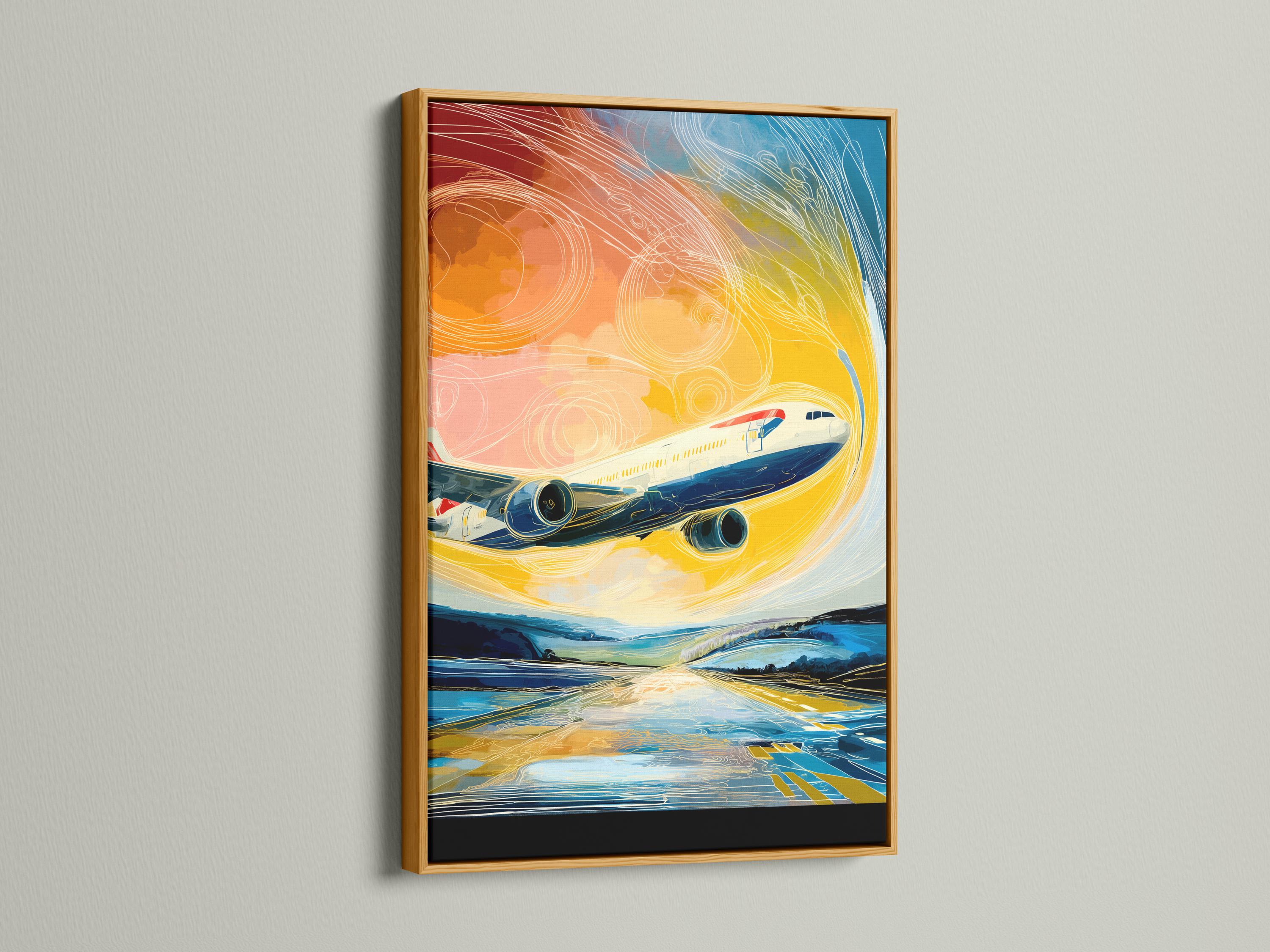 Stylised airplane illustration with swirling yellow, orange and blue lines detail view
