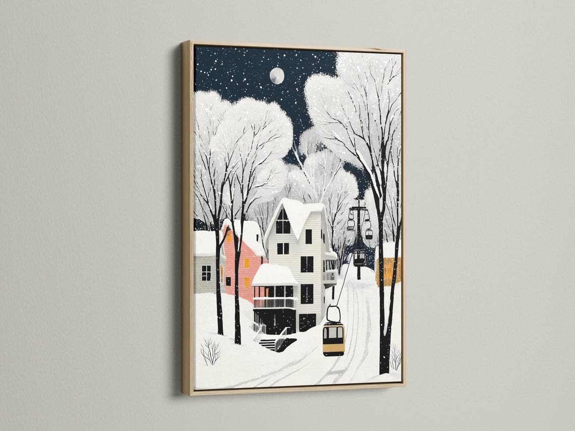 Snowy winter village at night with a full moon, bare trees, and houses with falling snow detail view