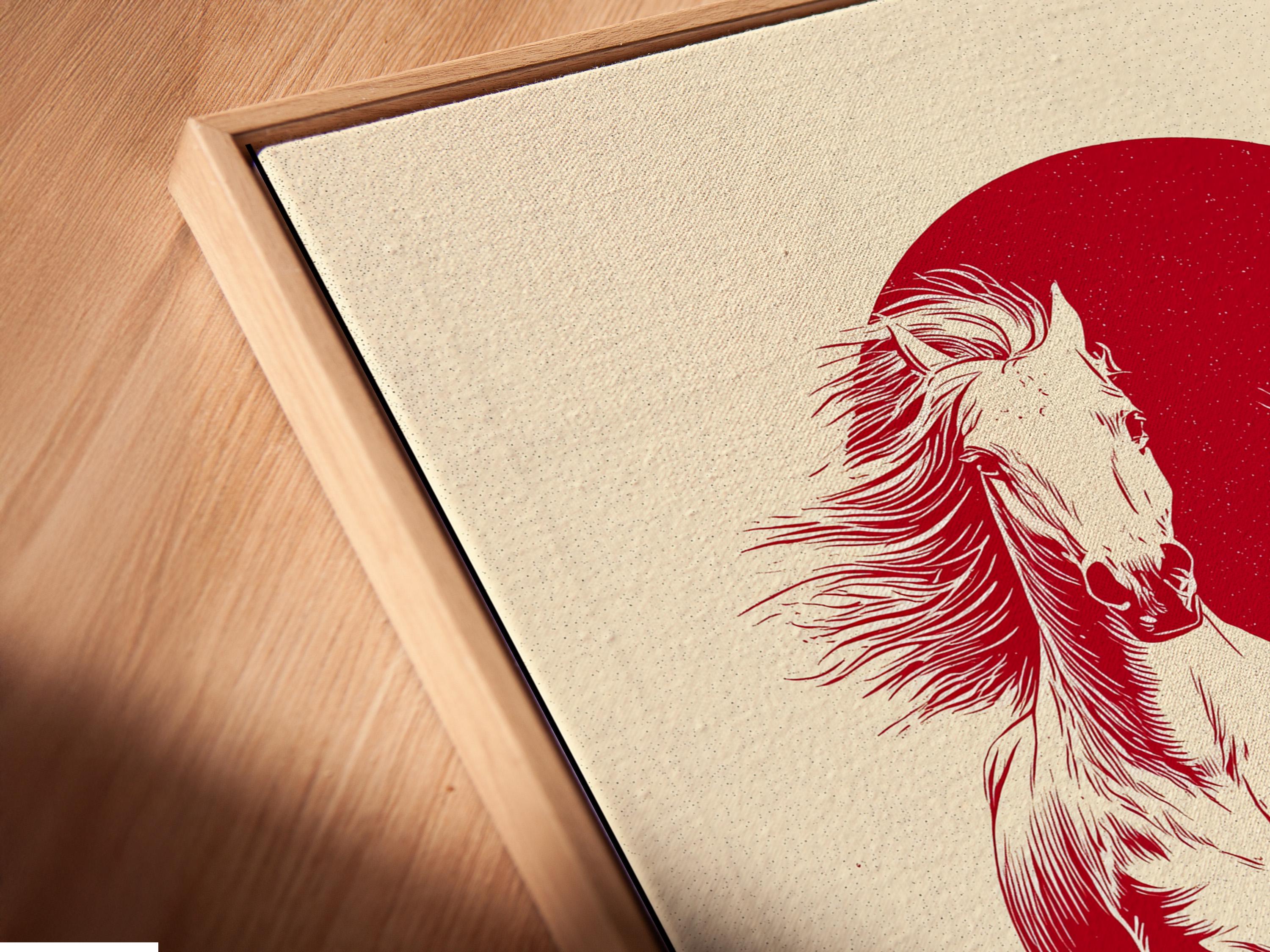 Wall mockup showing a framed artwork with two rearing horses in white against a red circle