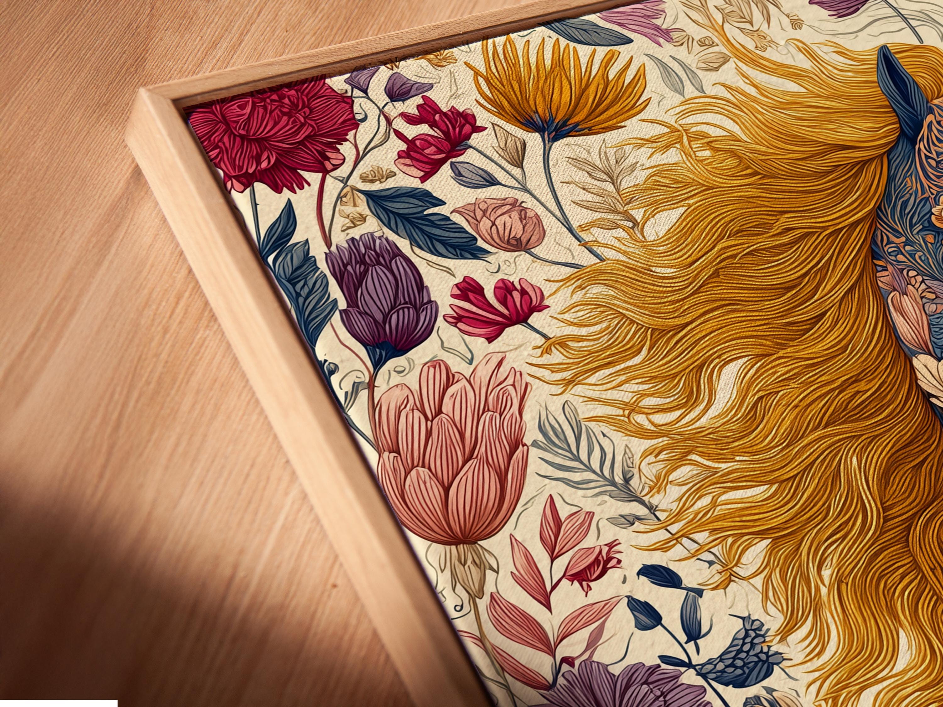 Illustrated unicorn with flowing golden mane among layered flowers and leaves on a pale cream background detail view