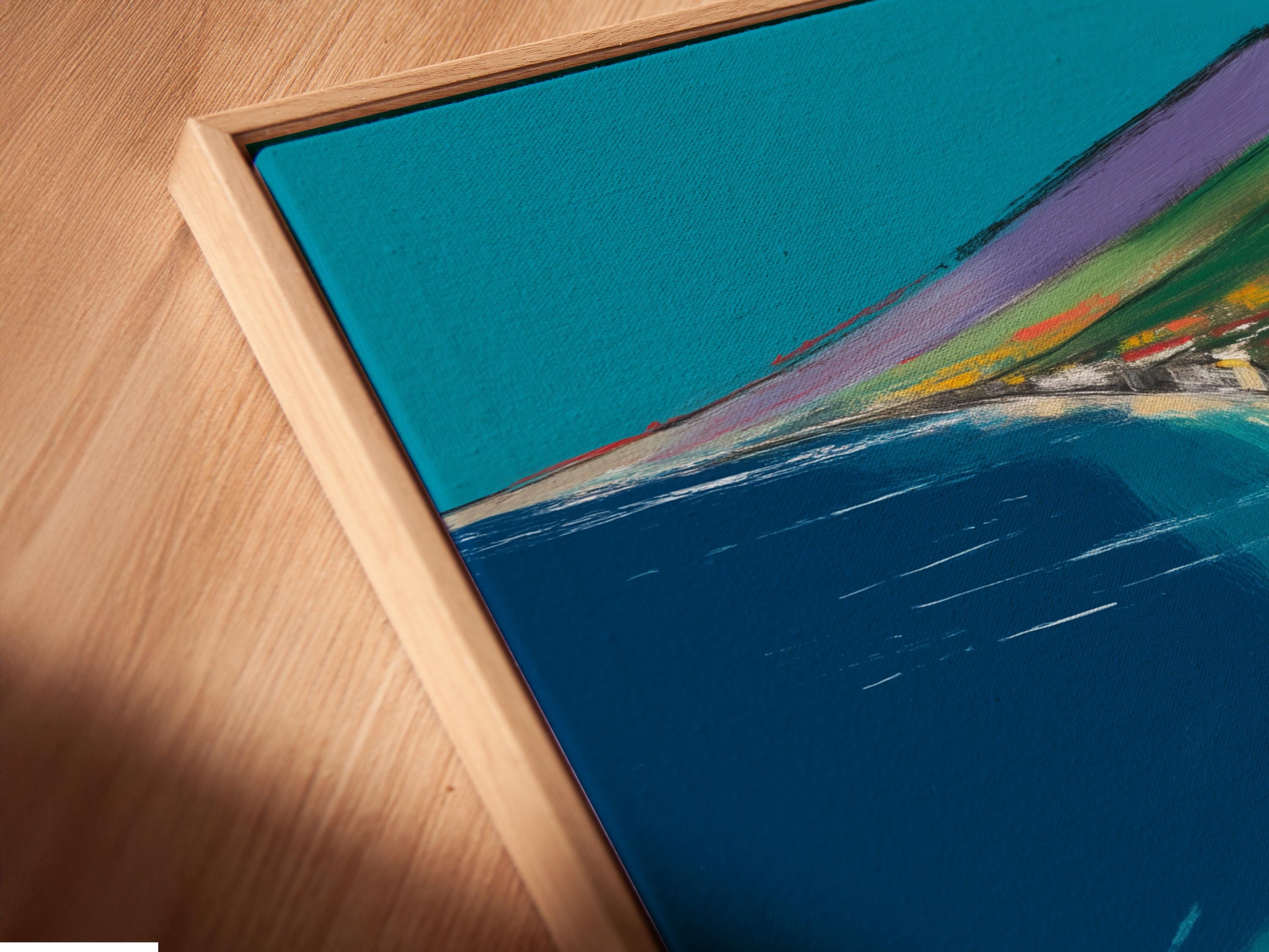 Wall mockup showing a framed artwork of a red sports car on a coastal road with turquoise water