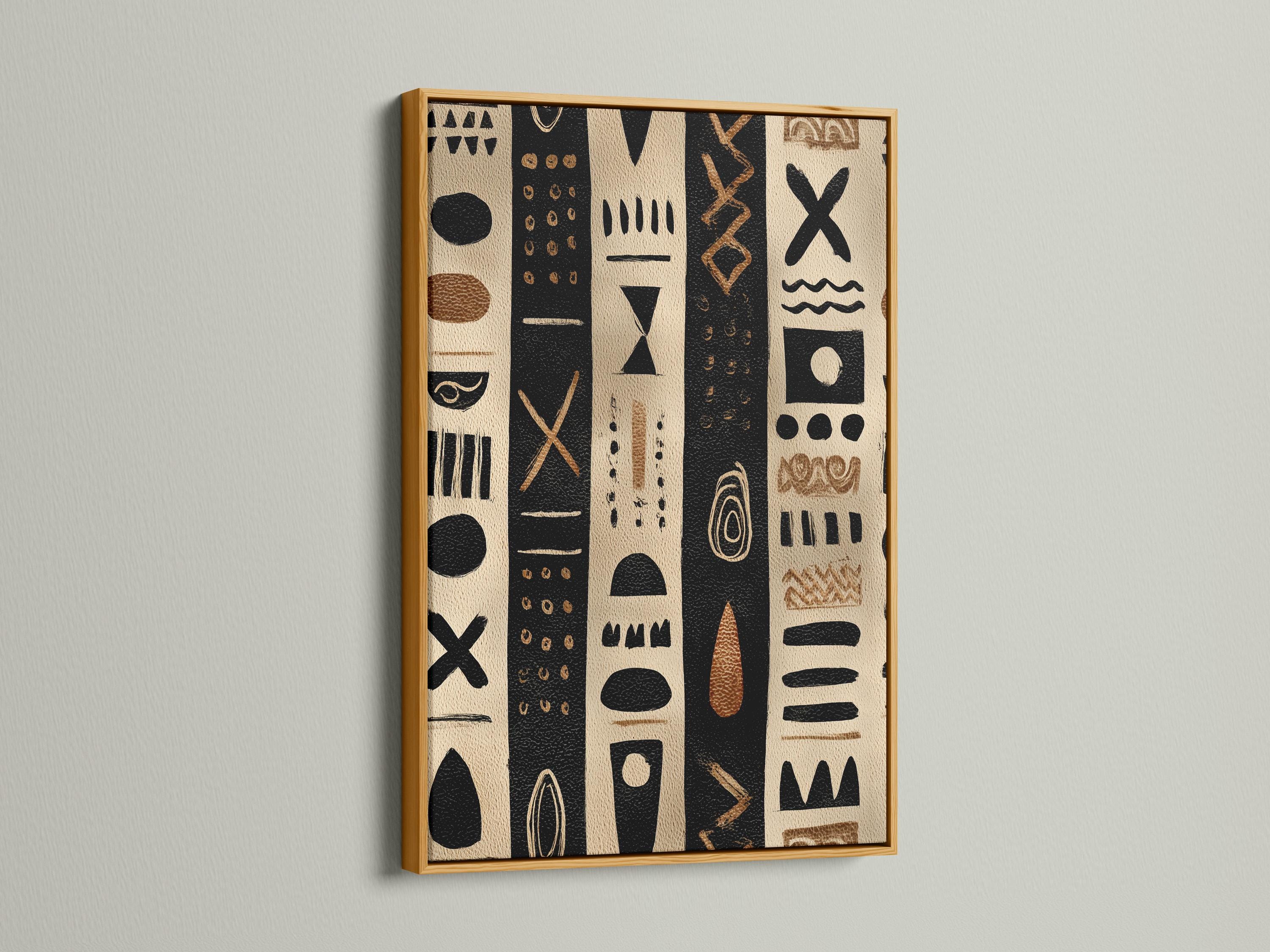 Beige and black geometric tribal-style artwork with vertical panels and dotted symbols detail view