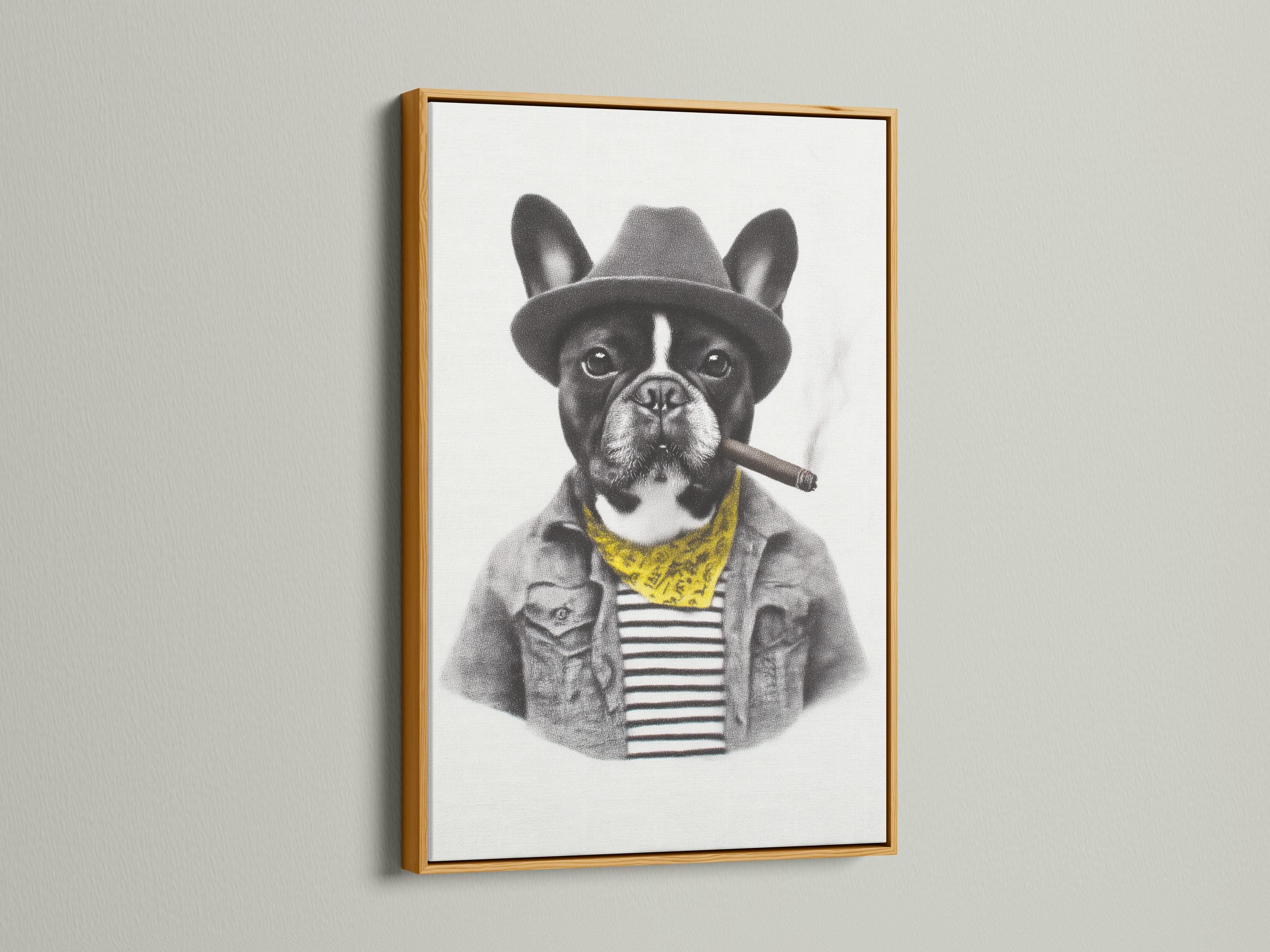 Black and white bulldog portrait wearing a hat and yellow scarf with a cigar detail view