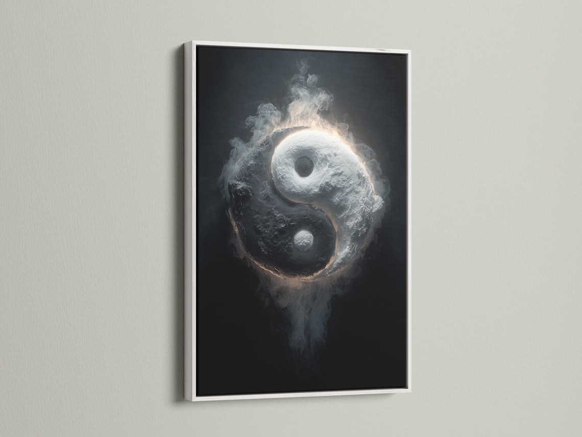 Monochrome yin yang symbol with smoky swirling texture and a glowing rim on a dark background detail view