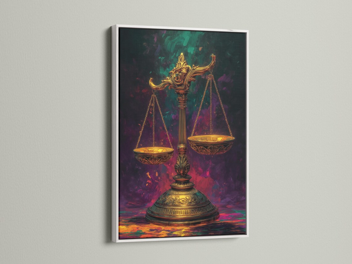 Framed artwork mockup showing ornate gold scales of justice against a smoky purple and green background
