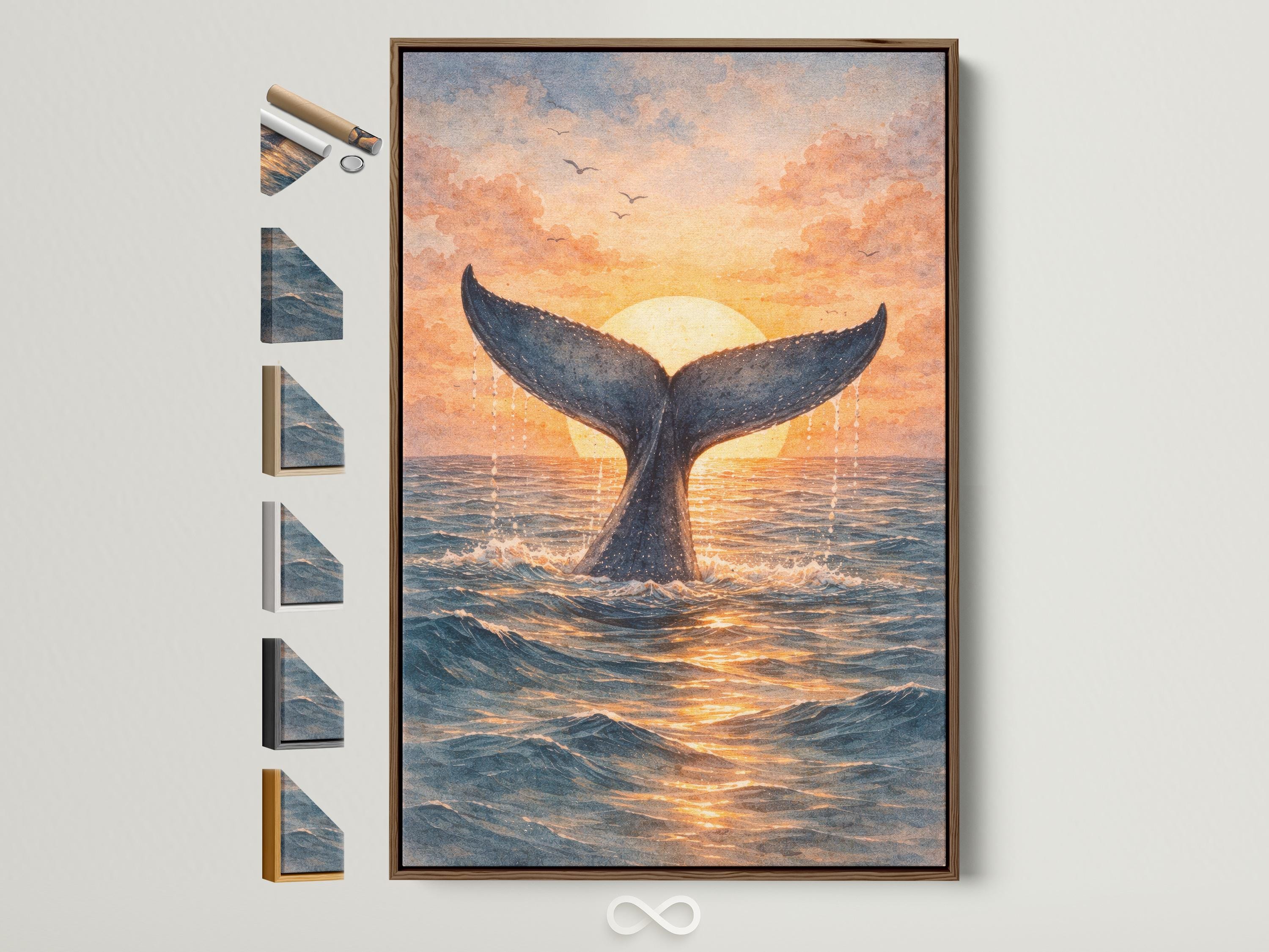 Whale tail sunset artwork hanging in a coastal cafe setting with signs and shelves