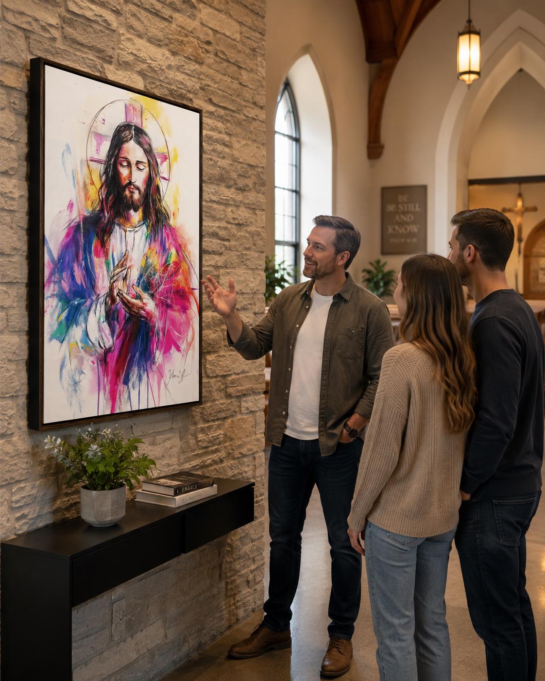 Religious portrait artwork of Jesus with halo displayed above a wooden table in a hallway