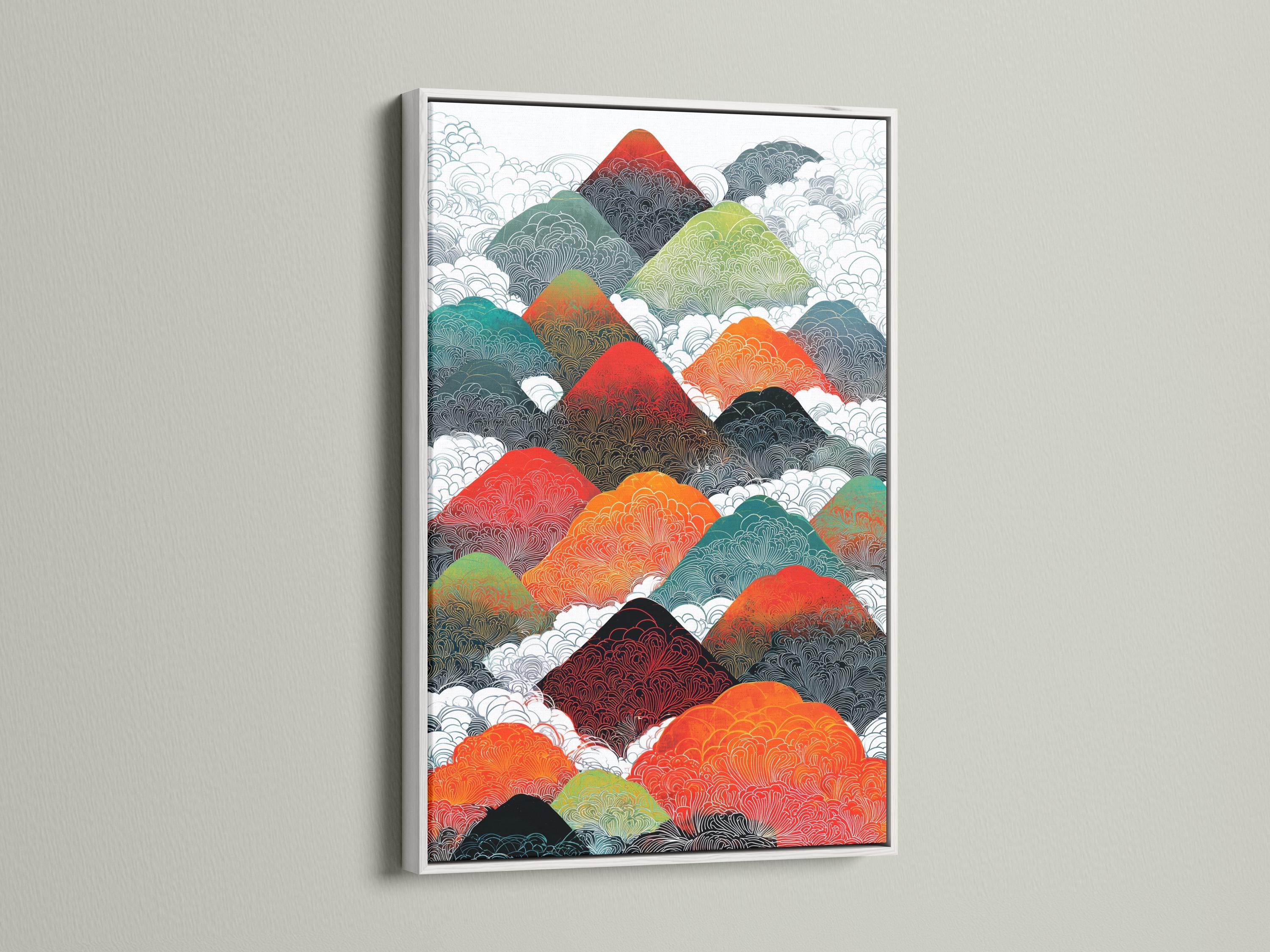 Illustrated mountain range with repeating contour line texture in red, orange, teal and green detail view