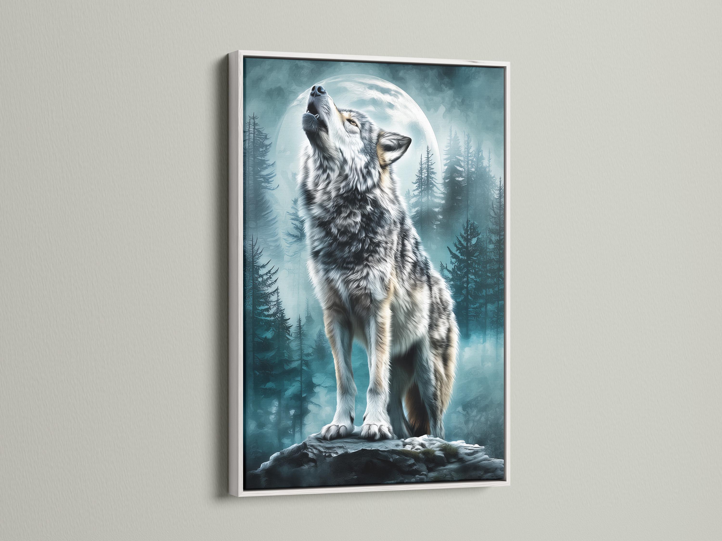 Wolf artwork mockup on a wall with teal forest and moon scene