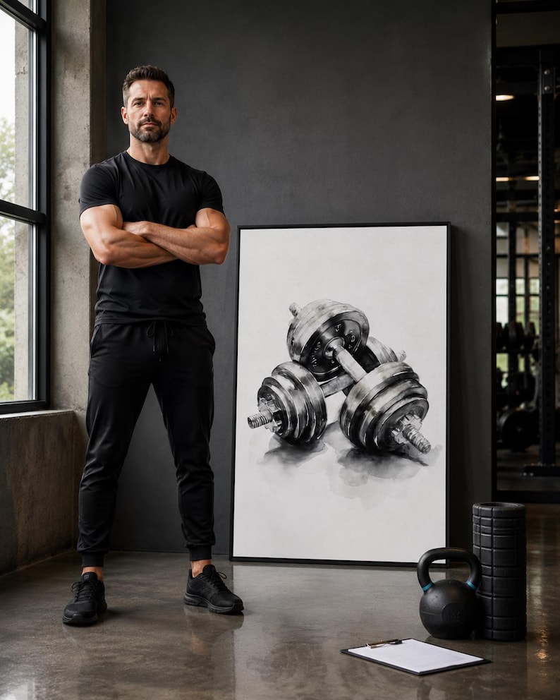 Monochrome weightlifting illustration of a barbell with stacked plates and smoky shading