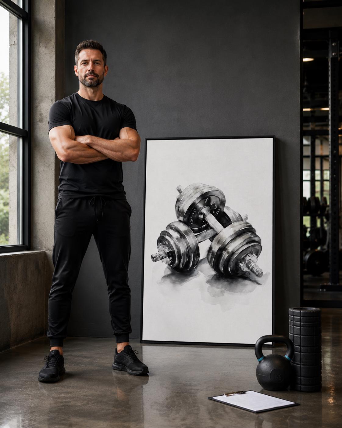 Monochrome weightlifting illustration of a barbell with stacked plates and smoky shading