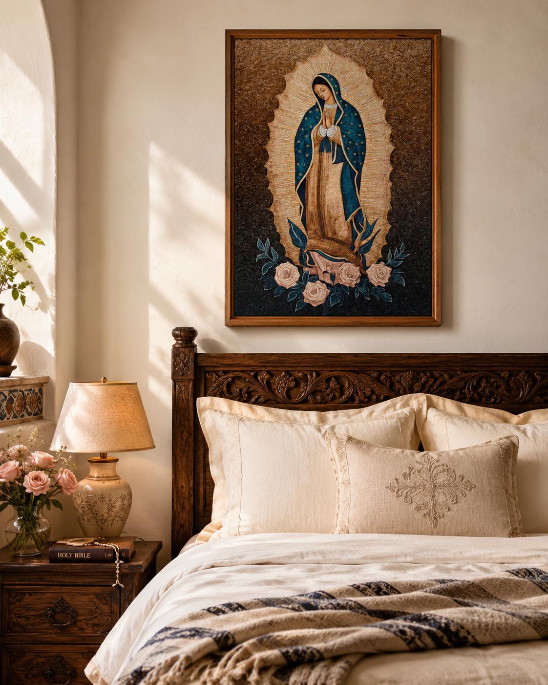 Woman praying beside a framed Virgin Mary portrait on a wall above a table with candles and flowers