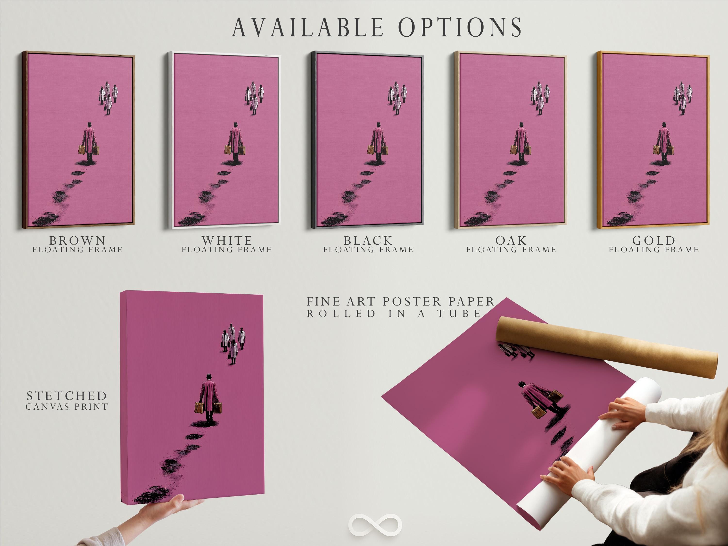 Mockup showing a framed pink minimalist traveller figure artwork on a light background