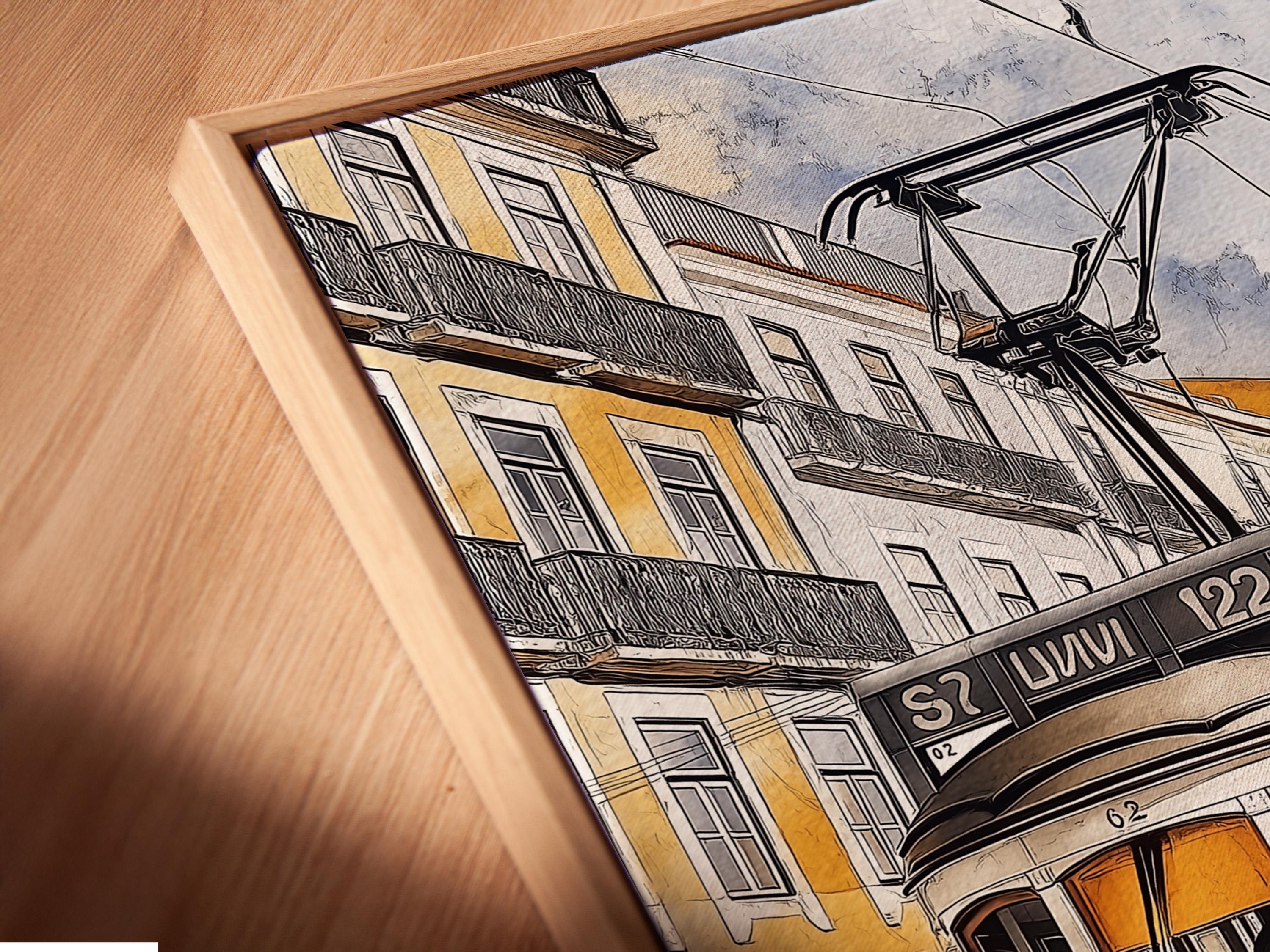 Painterly yellow tram on tracks beside city buildings with overhead cables detail view