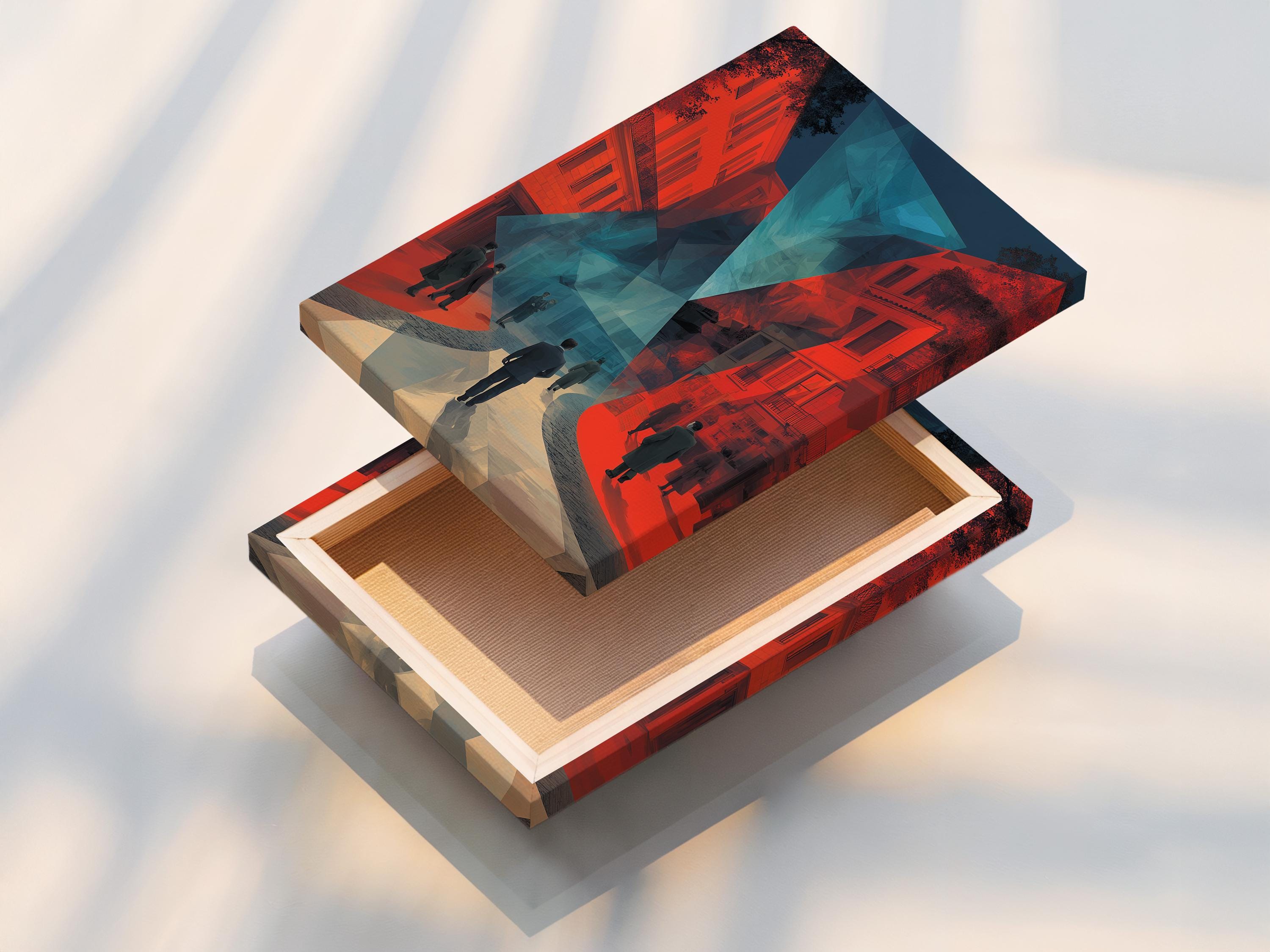 Stylised city street artwork with coral buildings, teal geometric centre and dark blue shadows detail view