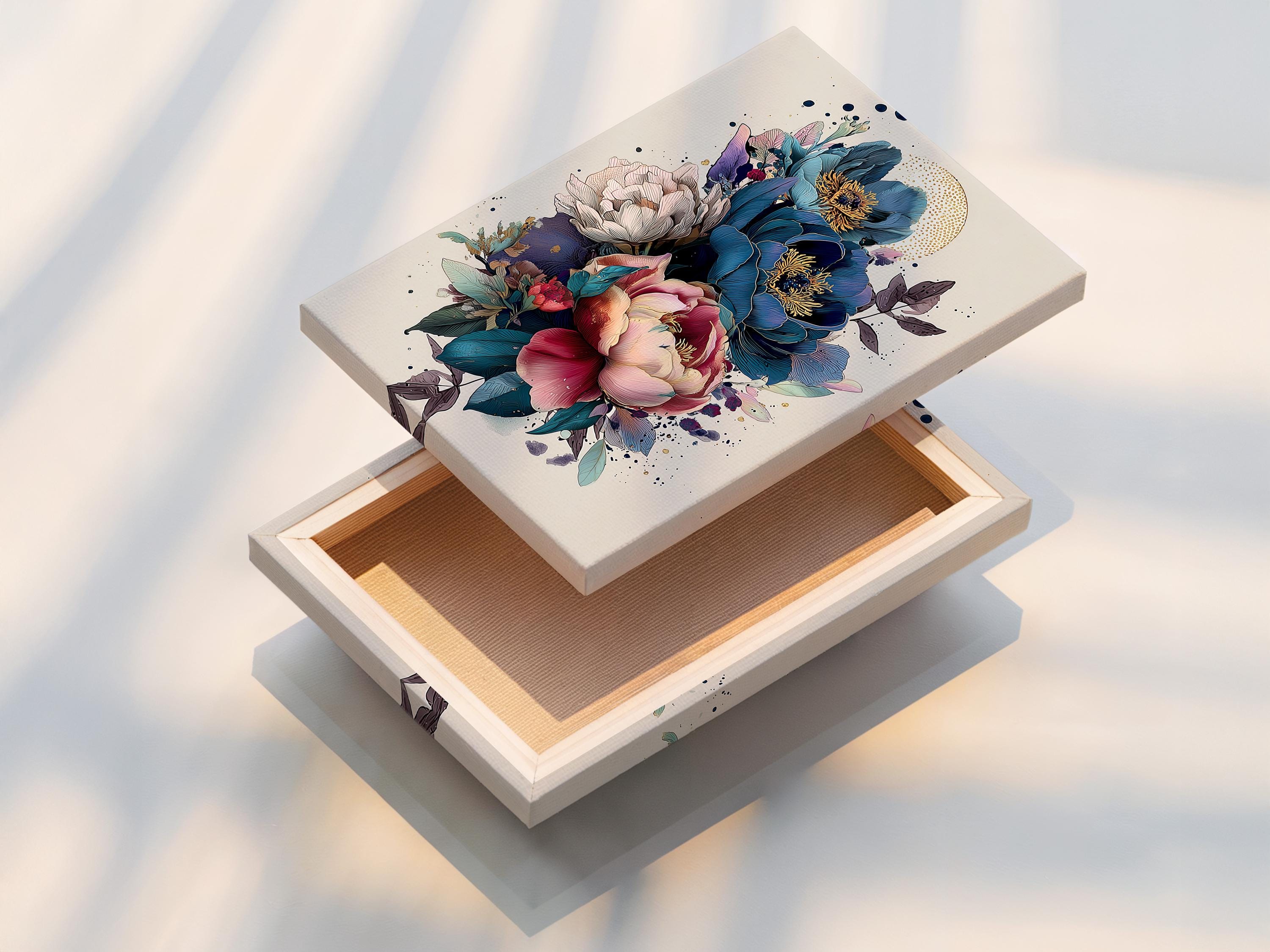 Painterly peony floral illustration with teal foliage, pink petals and subtle gold specks detail view