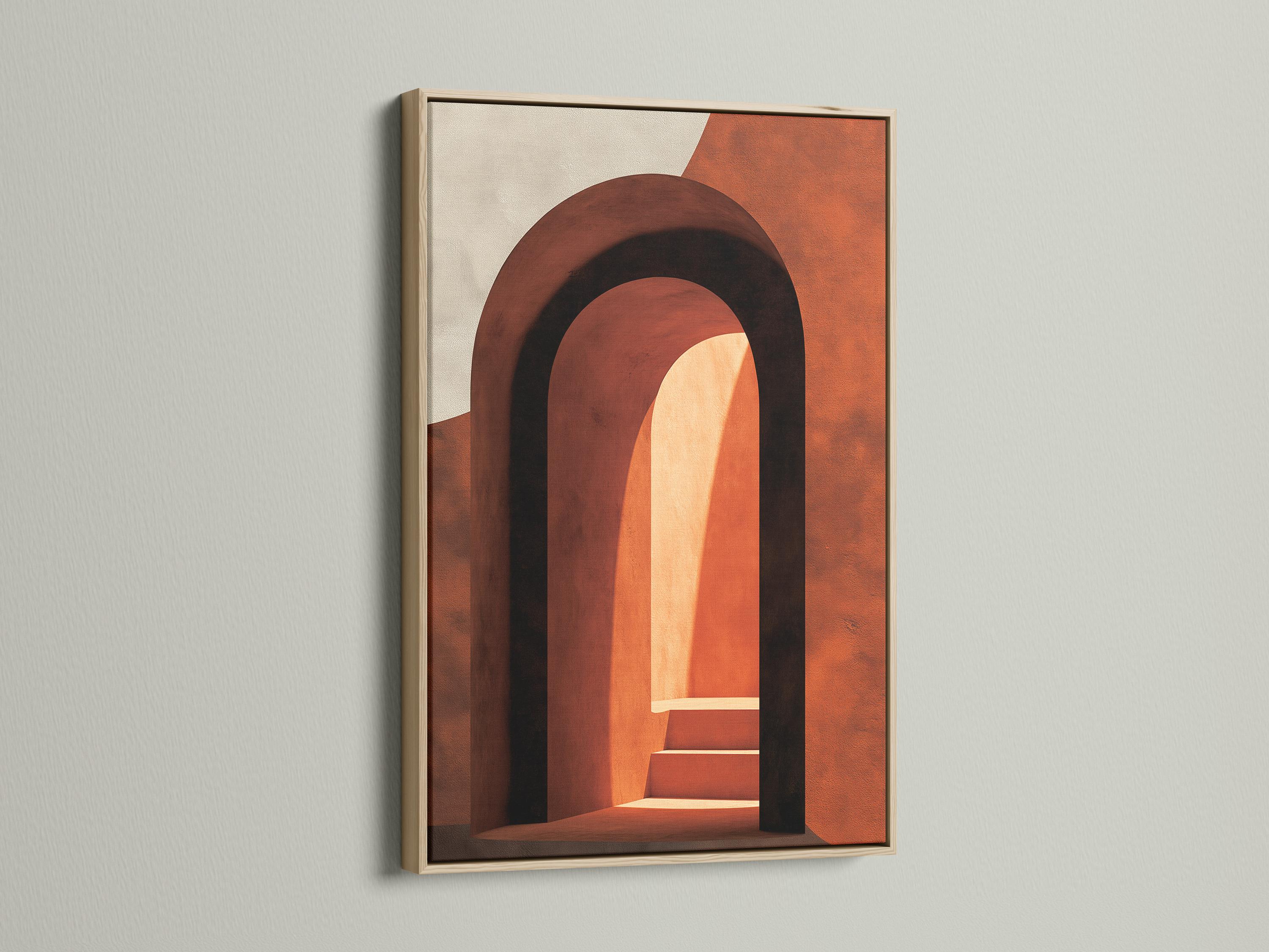 Woman holding a mug standing beside an abstract arch wall artwork in warm terracotta tones