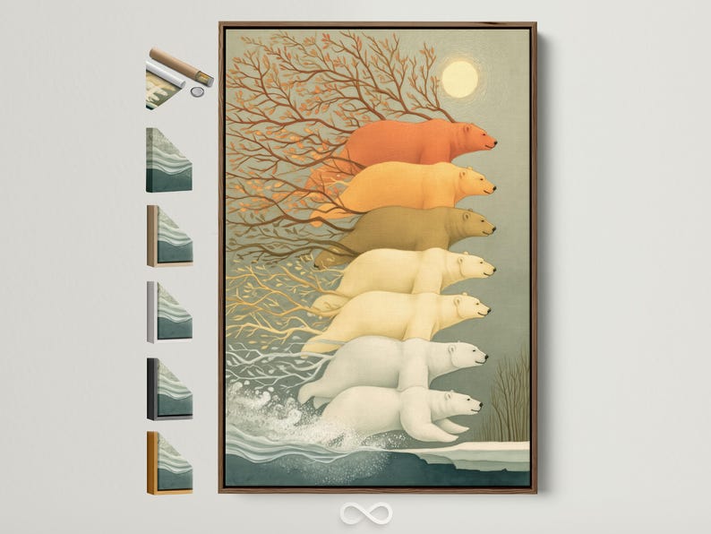 Polar bear family walking through a snowy scene with orange tree foliage and a glowing moon
