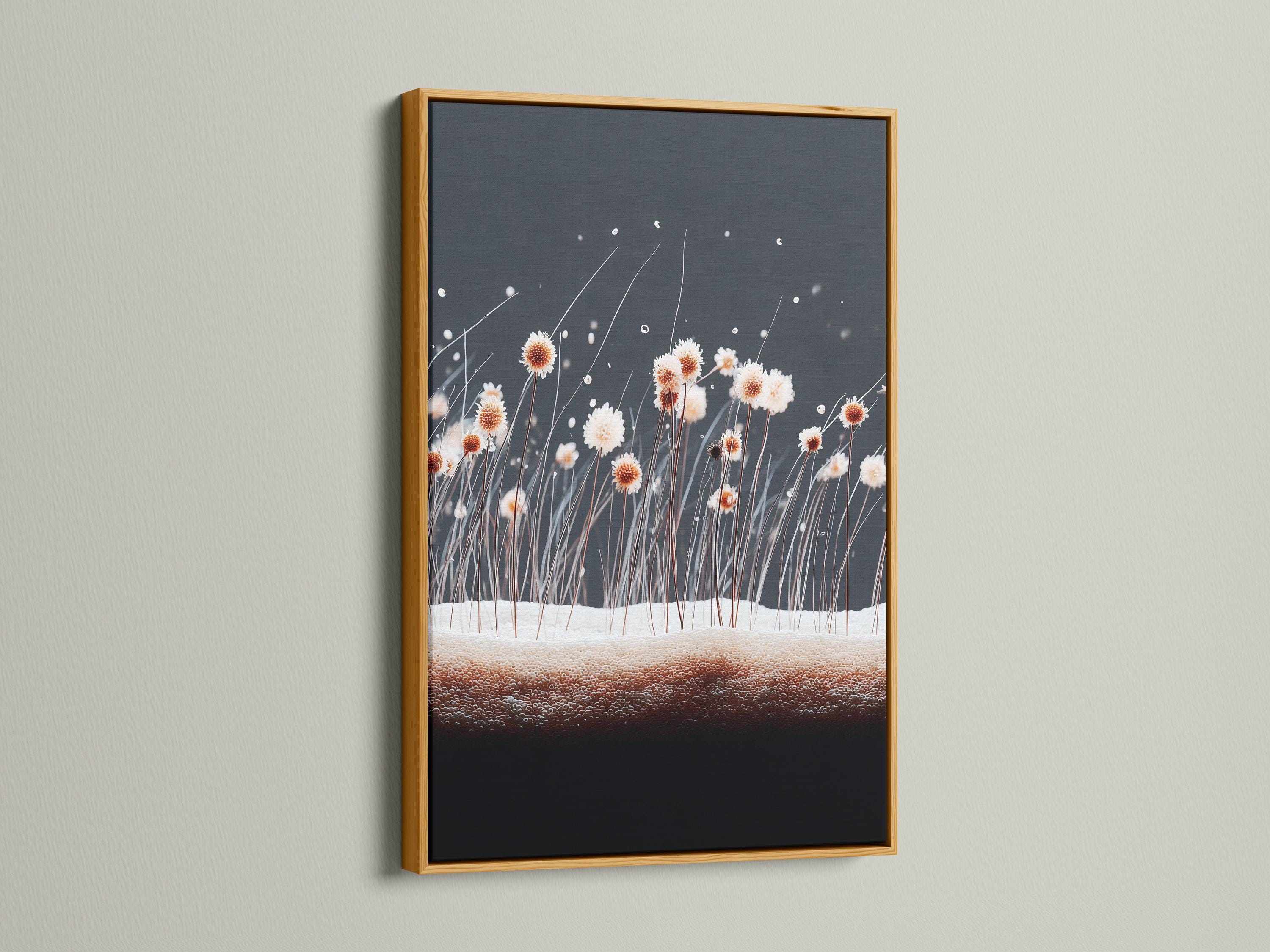 Room mockup showing a framed botanical dandelion-like blossom artwork