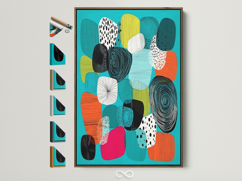 Turquoise abstract artwork with overlapping geometric shapes, circular rings and polka dots