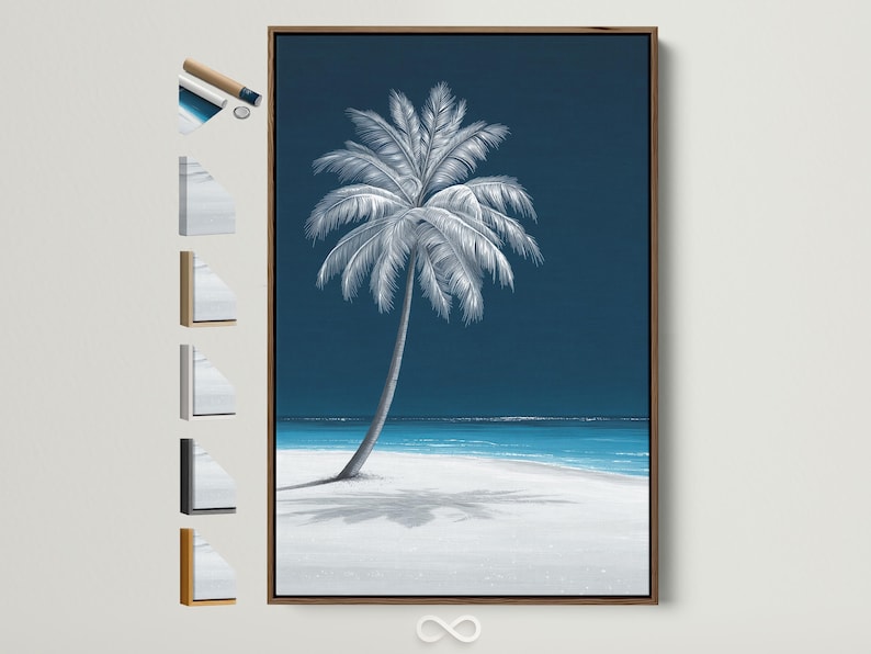 Minimalist palm tree seascape with deep navy sky and pale beach waves