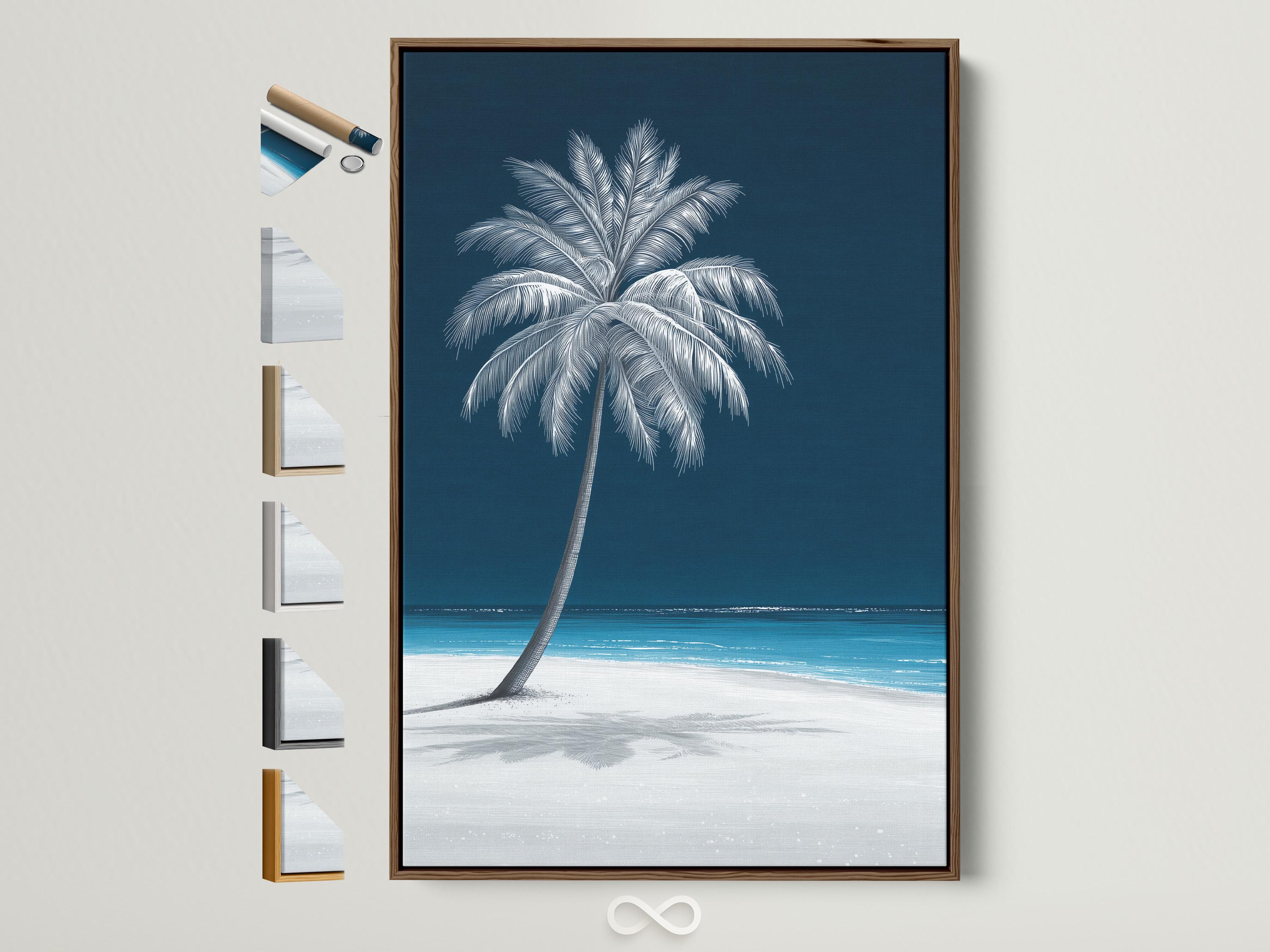 Minimalist palm tree seascape with deep navy sky and pale beach waves