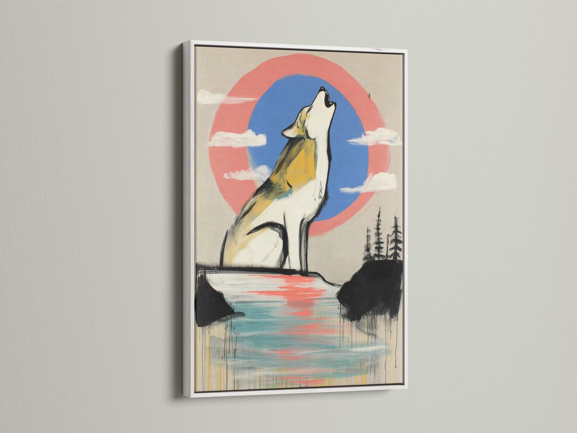 Stylised howling wolf in white and yellow with coral and blue sky circle and reflective lake detail view
