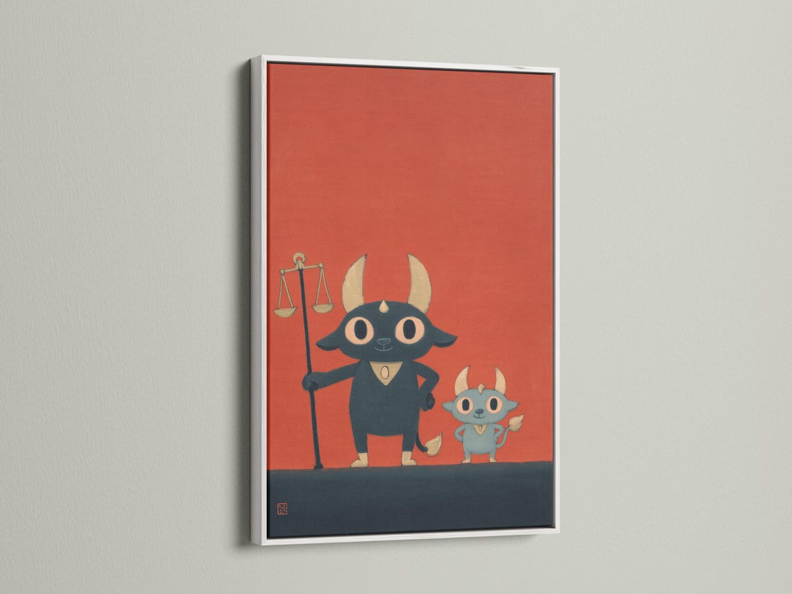 Cartoon bull character holding balancing scales on a coral-red background detail view