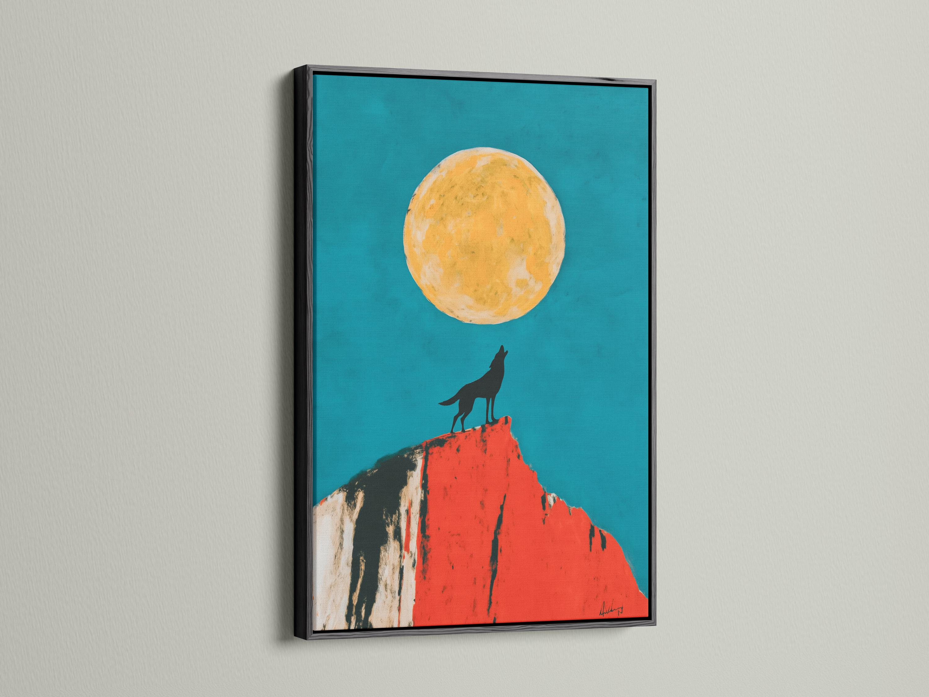 Mockup showing framed wolf moon artwork with a teal background, wolf silhouette and red cliff