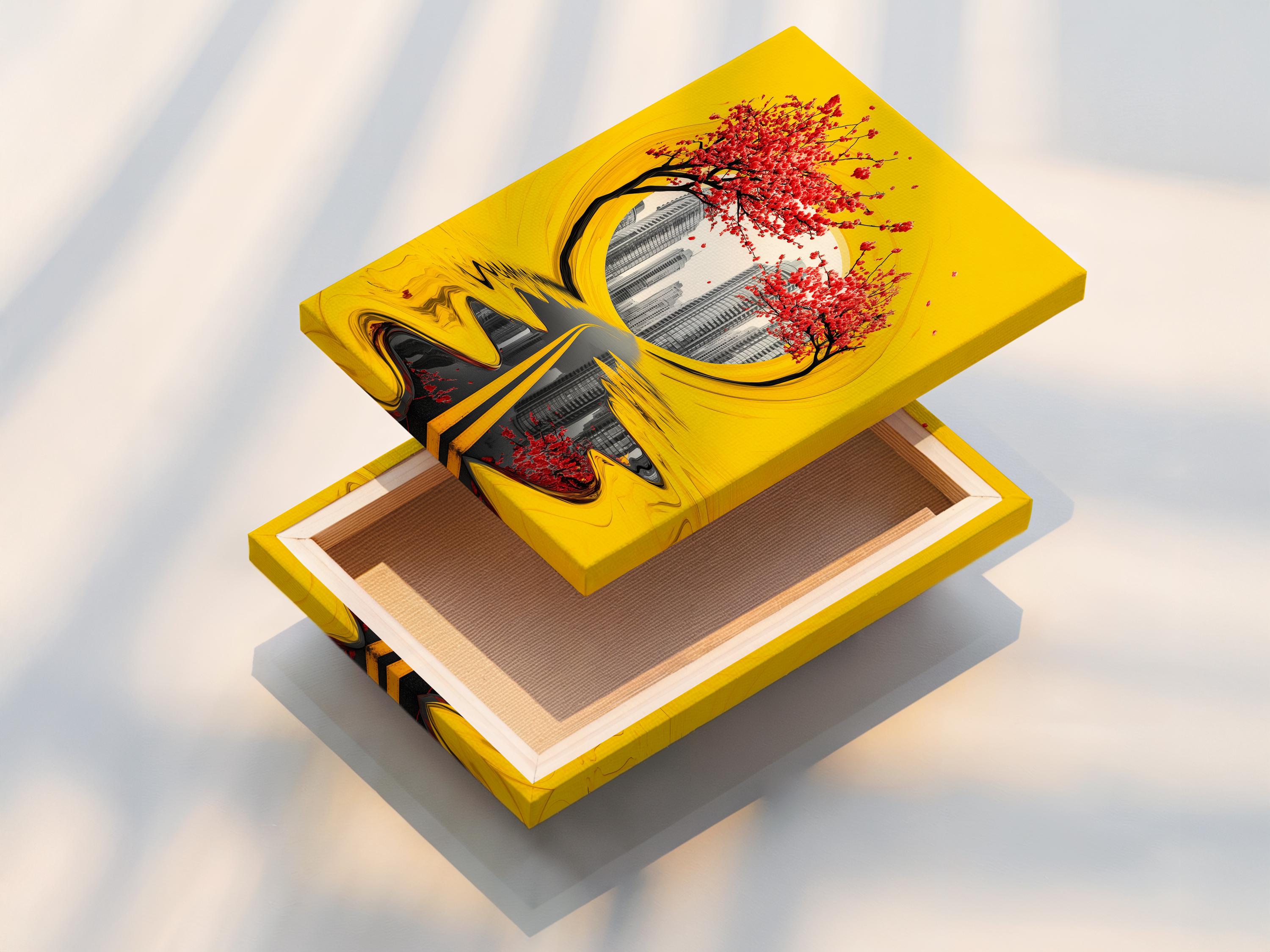 Yellow abstract cityscape with red blossom branches and a reflective road in the centre detail view