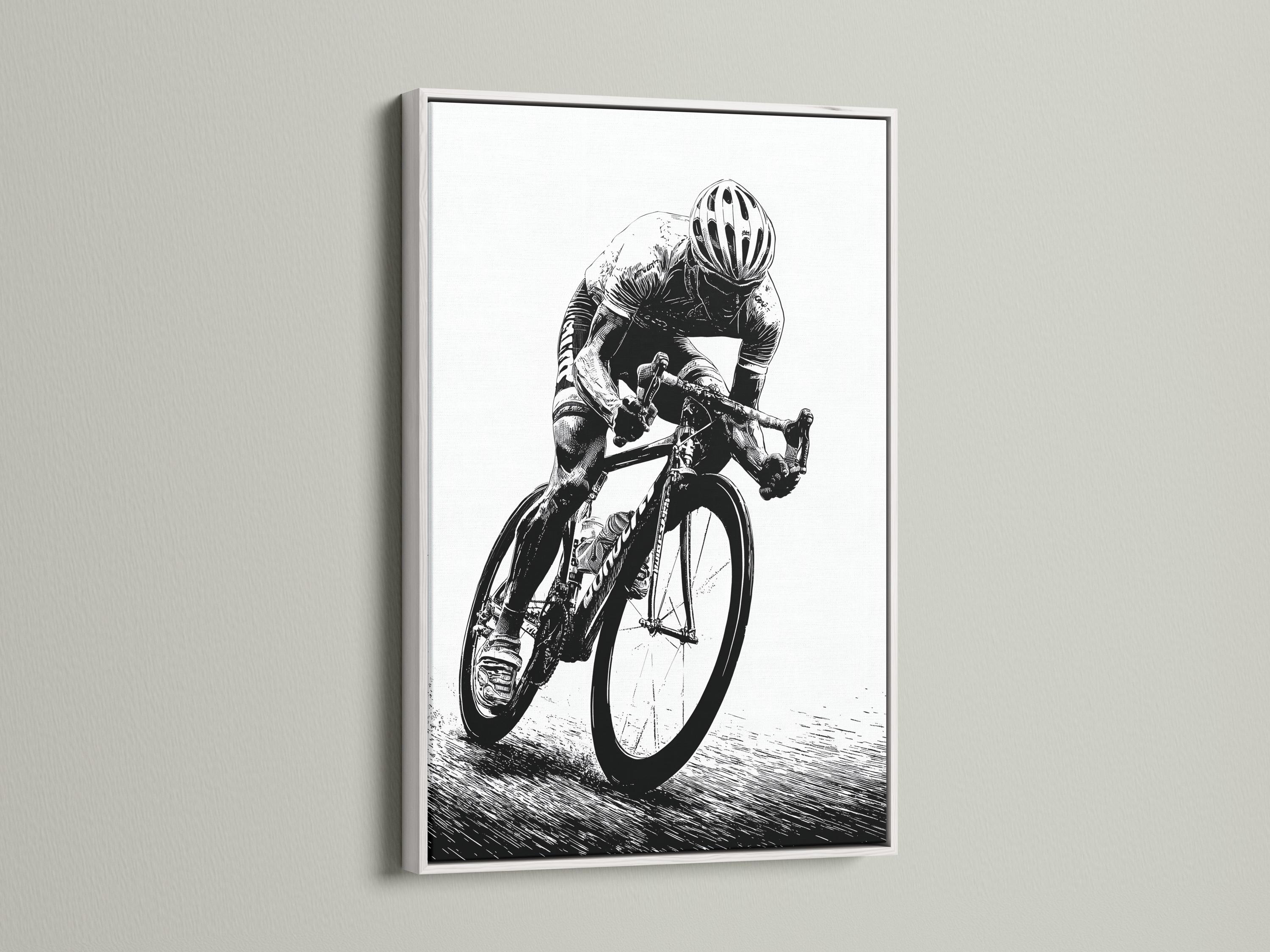 Room mockup showing a framed black and white cyclist illustration on a wall