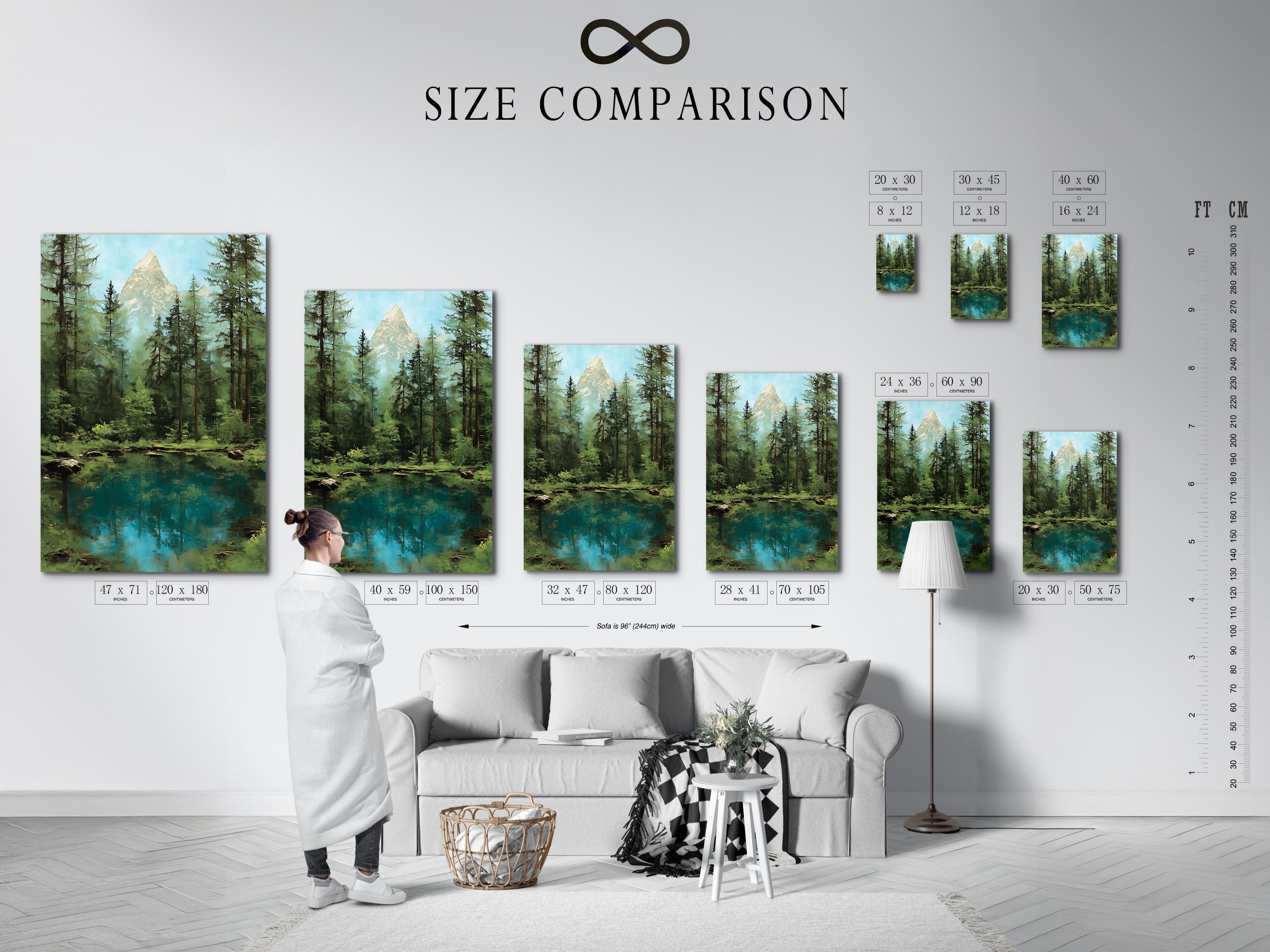 Forest mountain lake artwork shown in a room mockup with framed image