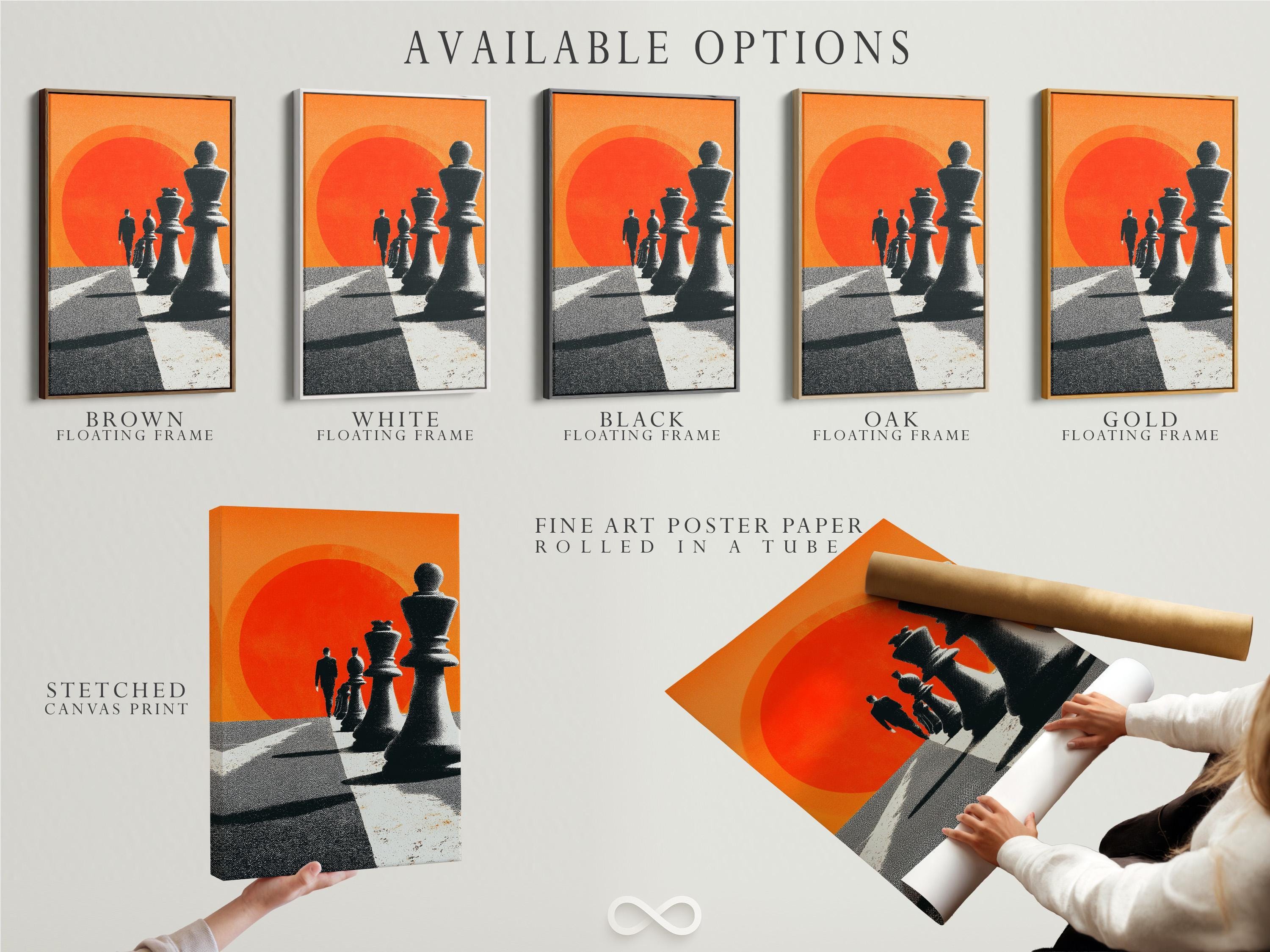 Chess wall art in an office or lounge setting with warm lighting
