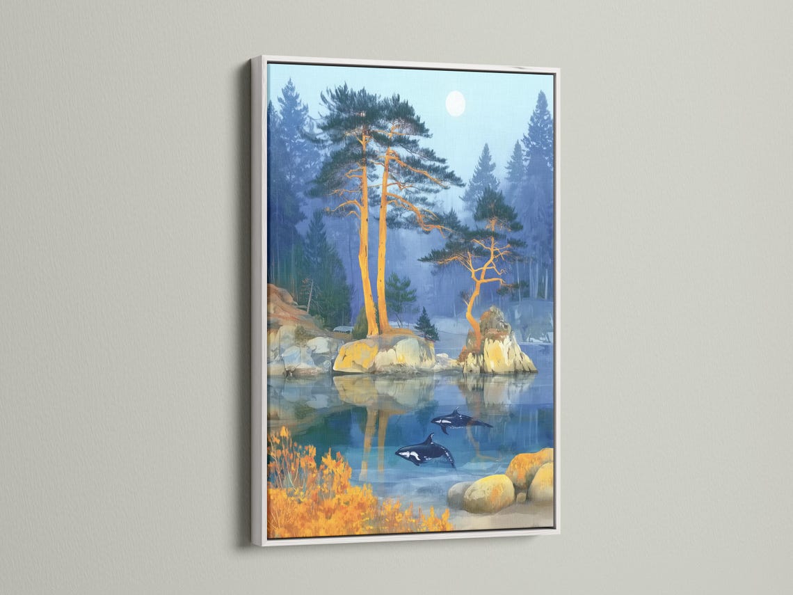 Misty blue lake landscape with golden trees, rocky shore and dark swimming aquatic animals detail view