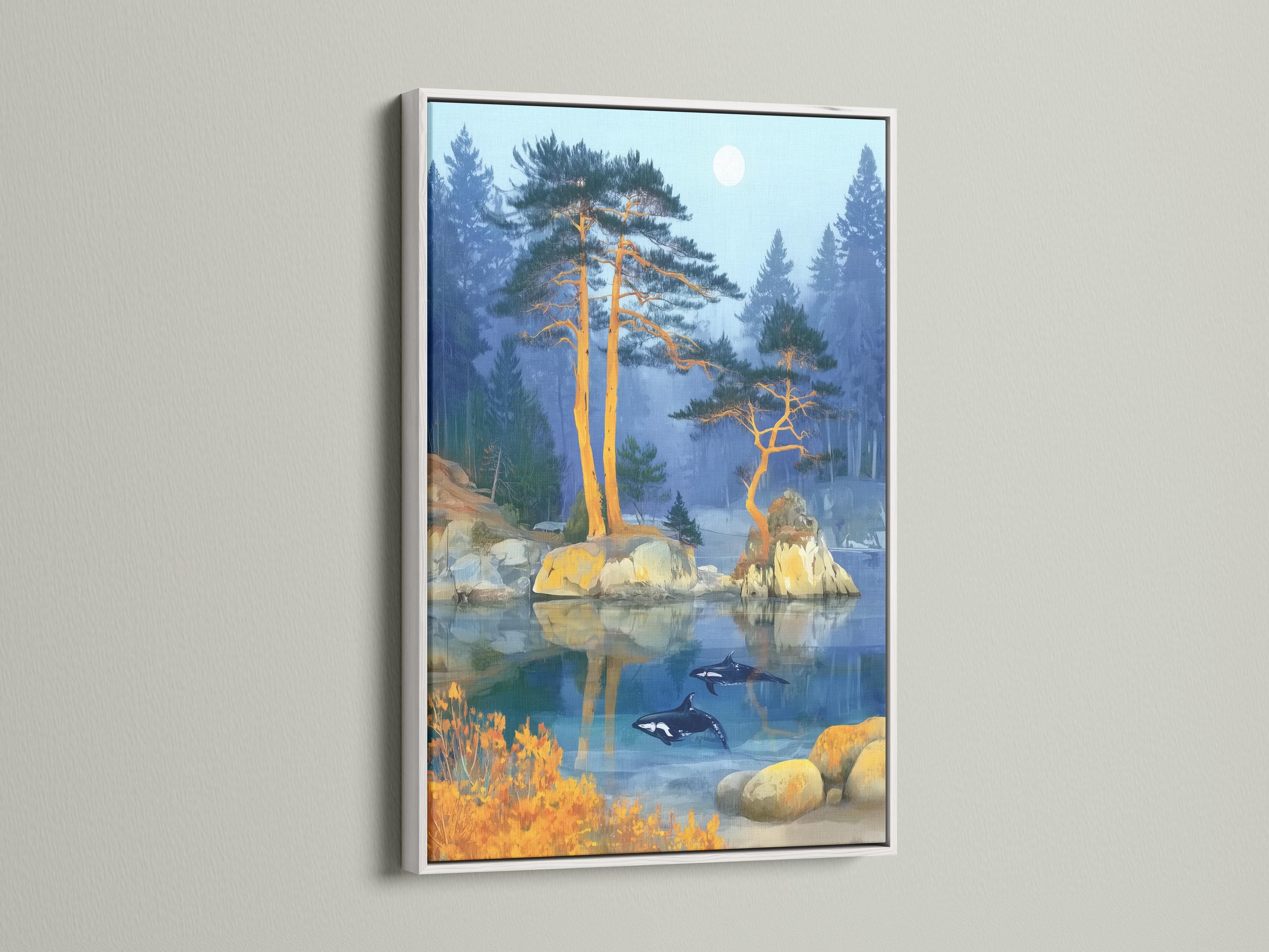 Misty blue lake landscape with golden trees, rocky shore and dark swimming aquatic animals detail view