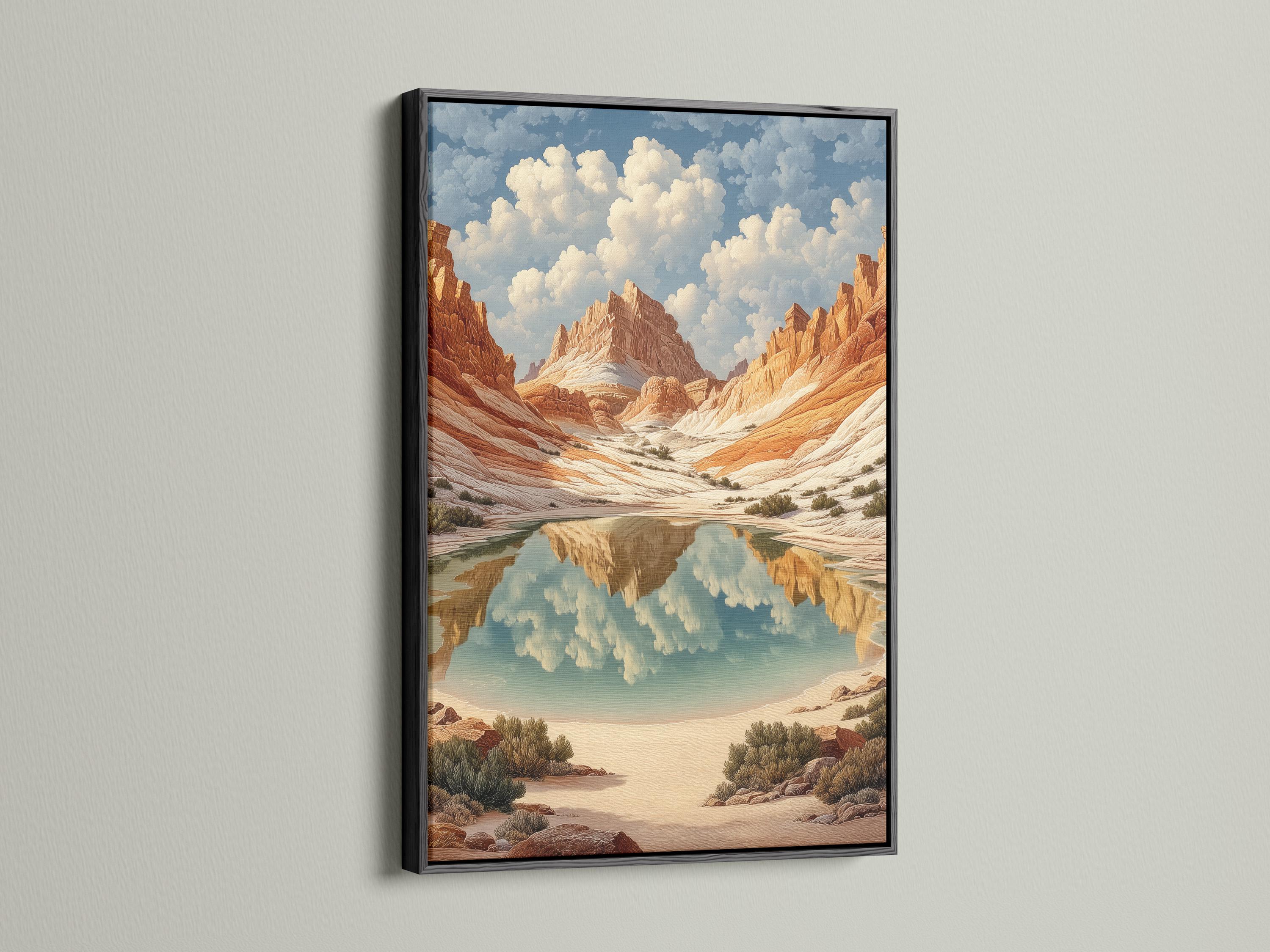 Terracotta desert canyon landscape with reflective water and cream clouds in a light blue sky detail view