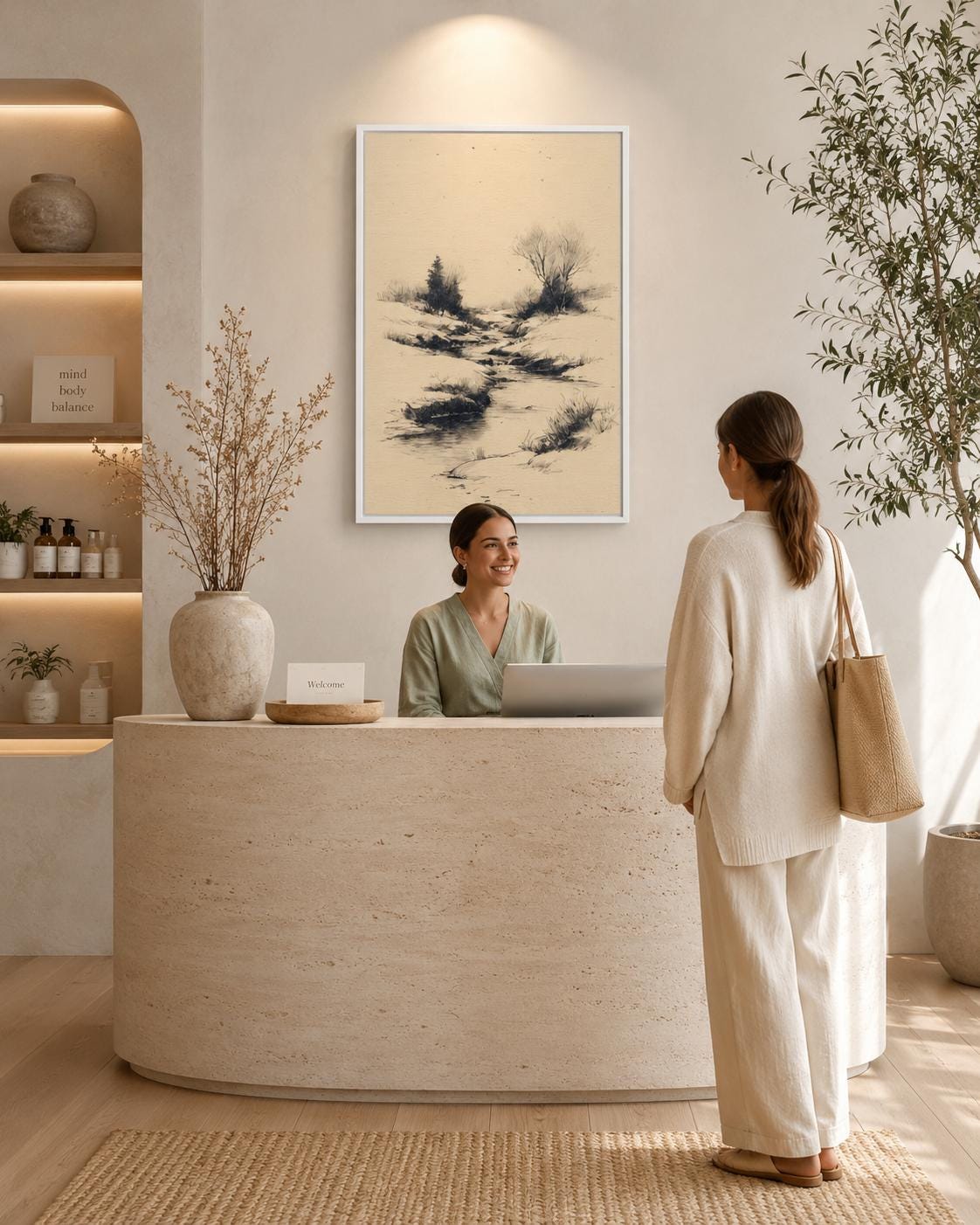 Woman holding a large framed beige river landscape sketch on a light wall in a bright room