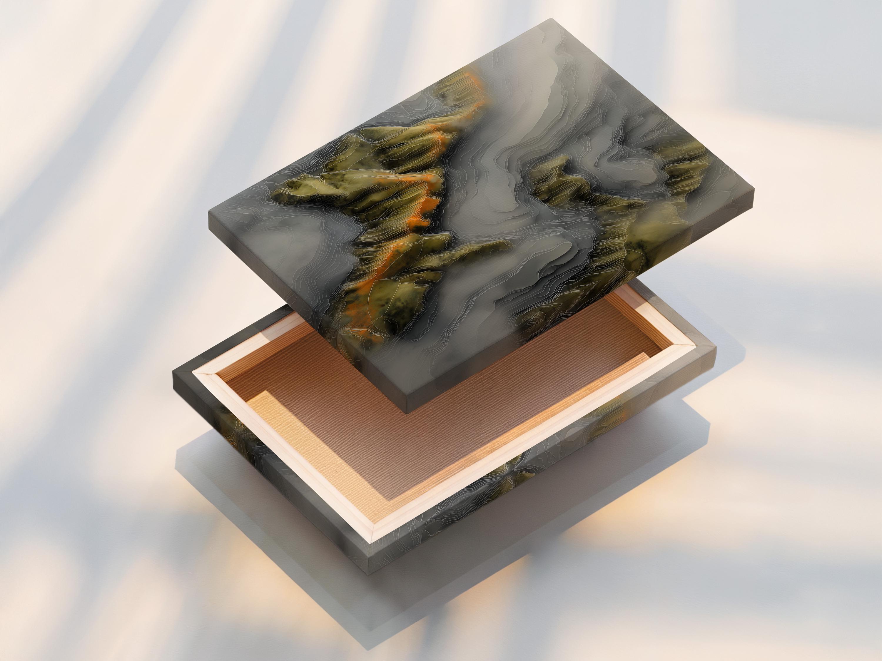 Portrait framed abstract mountainscape artwork in grey and olive green with warm amber accents