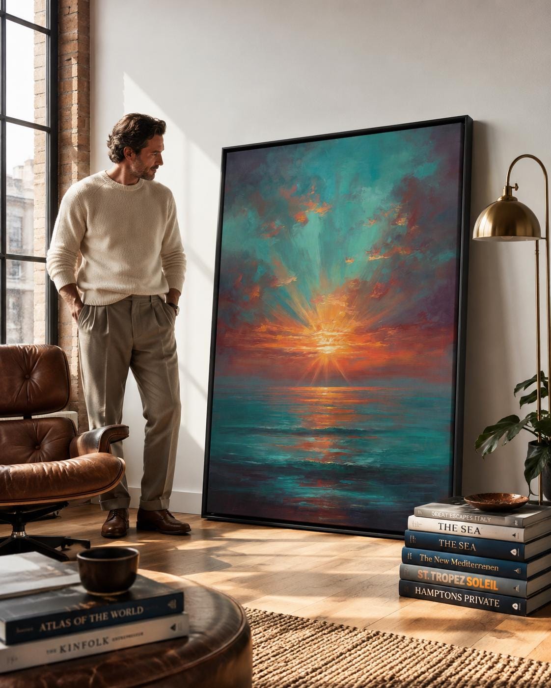 Room mockup with a sofa and a framed teal and copper sunset seascape artwork on the wall