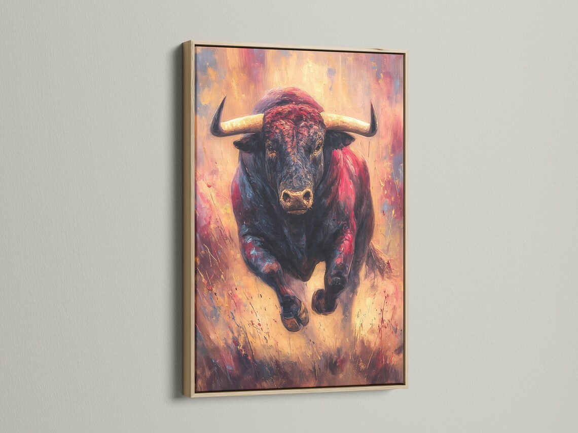 Portrait of a bull with dark charcoal and black tones, red highlights and warm gold accents detail view