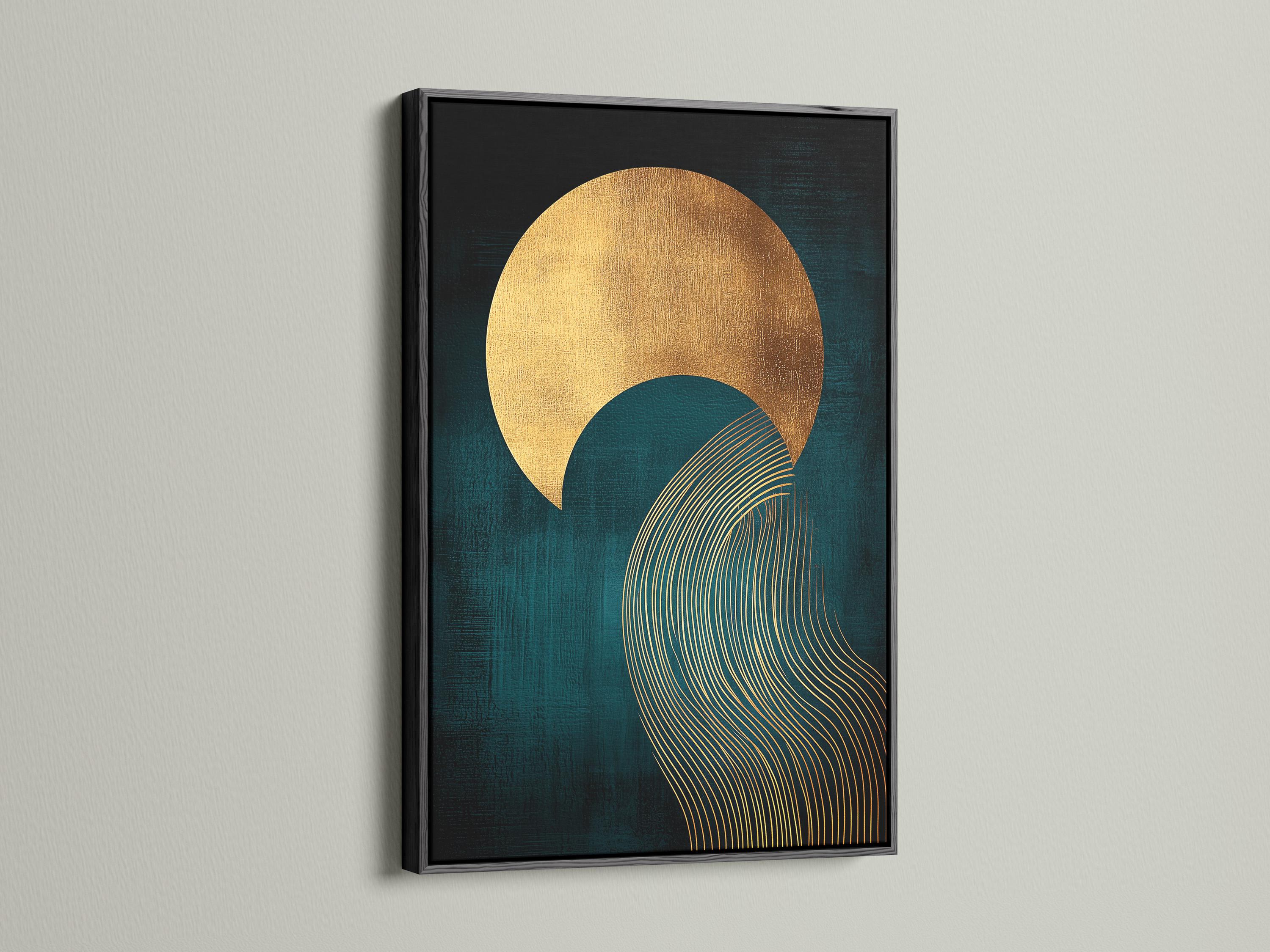 Abstract teal and gold artwork with a large sun-like circle and curved wave line pattern detail view