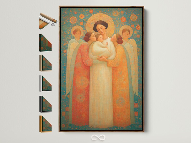 Angel family scene with haloed figures in teal, gold and cream, cradling a baby