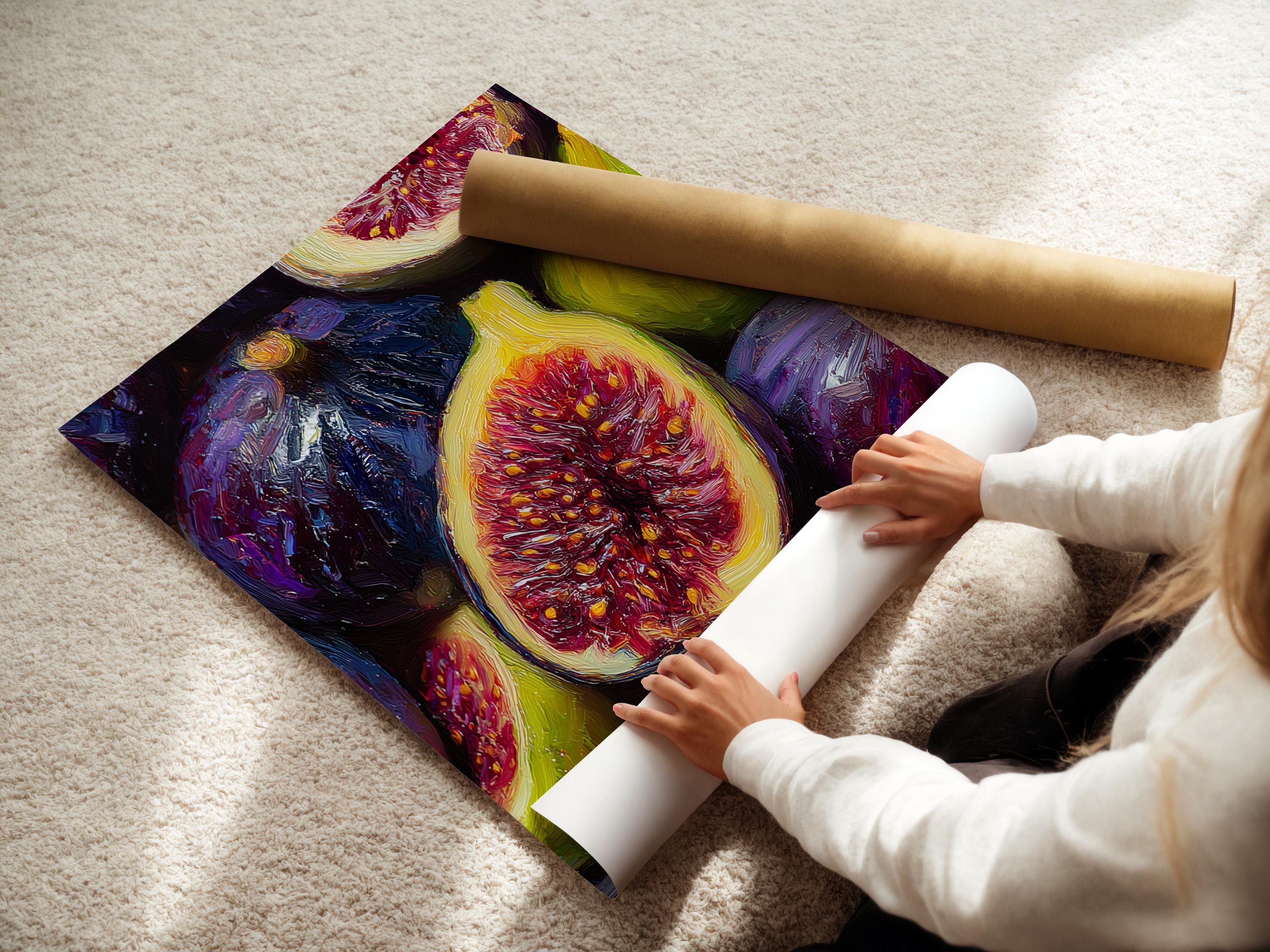 Framed purple, green and gold fig still life artwork shown in a room mockup, with stacked thumbnails at left